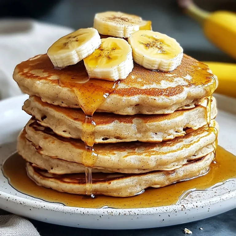 To make the perfect One-Bowl Banana Oat Pancakes, you need: - 1 cup rolled oats - 1 ripe banana, thoroughly mashed - 1 cup milk of your choice (dairy or non-dairy) - 1/2 teaspoon baking powder - 1/2 teaspoon baking soda - 1 teaspoon pure vanilla extract - 1 tablespoon maple syrup (optional, to enhance sweetness) - 1/2 teaspoon ground cinnamon - Pinch of salt - Cooking spray or a small amount of butter for greasing the pan These ingredients come together to create fluffy and delicious pancakes. The oats give a nice texture, while the banana adds natural sweetness. If you have special dietary needs, I’ve got you covered. Here are some substitutions: - Gluten-Free: Use gluten-free oats instead of regular oats. - Dairy-Free: Choose almond milk, oat milk, or coconut milk for a dairy-free option. - Lower Sugar: Skip the maple syrup or use a sugar substitute like stevia. These swaps help keep the recipe friendly for everyone while still tasting great. Want to jazz up your pancakes? Here are some optional ingredients to try: - Chopped nuts: Add walnuts or pecans for a crunchy bite. - Chocolate chips: Mix in semi-sweet or dark chocolate chips for a sweet twist. - Berries: Fold in fresh blueberries or strawberries for a fruity flavor. Each of these options adds a unique touch to your pancakes, making them even more fun to eat! {{ingredient_image_2}} To start, grab a large mixing bowl. Combine 1 cup of rolled oats with 1 ripe banana that you have mashed well. As you mix, pour in 1 cup of your favorite milk. Stir gently until the oats soak up the milk. This helps the mix thicken nicely. Next, add 1/2 teaspoon of baking powder and 1/2 teaspoon of baking soda. Don’t forget 1 teaspoon of pure vanilla extract and 1/2 teaspoon of ground cinnamon. If you want it sweeter, add 1 tablespoon of maple syrup. Finally, sprinkle in a pinch of salt. Mix everything until it’s all blended. Let this sit for about 5 minutes. This time helps the oats absorb more liquid and makes the pancakes fluffier. Preparing your ingredients is key. Using rolled oats gives the pancakes a nice texture. They help keep the pancakes hearty and filling. The ripe banana adds natural sweetness and moisture. The milk you choose can change the flavors too. Dairy milk makes it creamy, while plant-based milk offers a different taste. Baking powder and baking soda are essential for fluffiness. They create air bubbles, making the pancakes rise. Lastly, vanilla and cinnamon add warmth and depth, making each bite special. Want fluffier pancakes? Here are some tips. First, let the batter rest for five minutes. This helps the oats soak up the milk. Another tip is to not overmix the batter. Mixing just until combined keeps it light. When you cook the pancakes, use a medium heat. If it’s too hot, they can burn outside and stay raw inside. Pour about 1/4 cup of batter per pancake. Watch for bubbles on top before flipping. That’s a sign they are ready! Cook them until golden brown for the best taste. To make the best pancakes, use a non-stick skillet or griddle. Preheat it over medium heat for even cooking. This helps avoid burnt edges. Always grease the pan lightly with cooking spray or butter. Pour about 1/4 cup of batter for each pancake. Look for bubbles on the surface; that means it’s time to flip. Cook until both sides are golden brown. This recipe serves 2-3 people. If you want more pancakes, just double the ingredients. For fewer pancakes, halve the recipe. Use simple math to change the amounts. For example, if you want 4 pancakes, use 1 and a half cups of oats and a banana. Keep the same ratios for other ingredients. Add fun toppings to make your pancakes special. Fresh fruit like berries or sliced bananas works well. Greek yogurt adds creaminess and protein. A drizzle of maple syrup adds sweetness. Consider a sprinkle of nuts for crunch. You can even mix in chocolate chips for a treat! Try different toppings each time to keep it exciting. Pro Tips Use Ripe Bananas: The riper the banana, the sweeter and more flavorful your pancakes will be. Look for bananas with brown spots for the best taste. Let the Batter Rest: Allowing the batter to rest for a few minutes helps the oats absorb the liquid, which results in lighter, fluffier pancakes. Adjust Cooking Temperature: If your pancakes are browning too quickly, reduce the heat. Cooking them on medium or medium-low helps ensure they cook through without burning. Experiment with Toppings: Get creative with your pancake toppings! Fresh berries, yogurt, or a sprinkle of nuts can add flavor and texture to your dish. {{image_4}} You can easily add protein to your pancakes. Try mixing in a scoop of protein powder. This trick boosts the nutrition without changing the taste. You can also use Greek yogurt instead of milk. This will make the pancakes fluffy and rich. Mix-ins can elevate the flavor of your pancakes. Try adding chocolate chips or nuts for a crunch. Berries like blueberries or strawberries work well too. If you want a spiced twist, try adding a pinch of nutmeg. You can even fold in shredded coconut for a tropical twist. To make these pancakes gluten-free, use certified gluten-free oats. You can also use a gluten-free flour mix if you like. For a vegan option, swap regular milk for almond or oat milk. Replace the egg with a flax egg, made by mixing ground flaxseed with water. This keeps the pancakes light and fluffy while fitting your diet. To keep your pancakes fresh, stack them in a container. Use parchment paper between each pancake. This step helps prevent sticking. Seal the container tightly. Store it in the fridge. Leftover pancakes stay good for up to three days. Freezing pancakes is simple and smart. After cooling, stack pancakes with parchment paper in between. Place them in a freezer-safe bag. Squeeze out extra air before sealing. You can freeze them for up to three months. This method helps you have pancakes ready anytime. When you're ready to eat, reheating is easy. For the microwave, place pancakes on a plate. Heat for 30 seconds or until warm. If you like crispy edges, use a skillet. Heat on medium-low for 2-3 minutes per side. Enjoy your pancakes like they are fresh! Yes, you can. If you skip the banana, the pancakes will lose some sweetness and moisture. You can use applesauce or a bit of yogurt instead. Both options help keep the pancakes moist. Just replace the banana with 1/3 cup of applesauce or yogurt. You have many options! Almond milk, oat milk, and soy milk all work well. Each adds a different flavor, but they all keep the pancakes fluffy. If you want a creamier taste, try coconut milk. Look for bubbles on the surface of the pancakes. When the edges seem set, it’s time to flip them. After flipping, cook until both sides are golden brown. A quick poke in the center helps; it should feel firm and bounce back. You've learned about key ingredients, cooking steps, and creative tips for perfect pancakes. You can adapt this recipe to fit various diets and personal tastes. With the right techniques, you can achieve fluffy texture and savory flavors. Don't forget to store leftovers properly for fresh enjoyment. Use this guide to explore different flavors and variations that suit your needs. Now, it’s your turn to whip up delicious pancakes and impress everyone at your table!