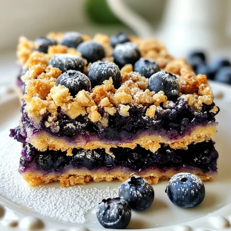 - 2 cups fresh blueberries - 1 tablespoon fresh lemon juice - 1/4 cup granulated sugar - 1 teaspoon cornstarch - 1 1/2 cups all-purpose flour - 1/2 cup rolled oats - 1/2 cup brown sugar, packed tightly - 1/2 teaspoon baking powder - 1/4 teaspoon fine salt - 1/2 cup unsalted butter, melted and slightly cooled - 1 teaspoon pure vanilla extract You can adjust the sugar based on how sweet your blueberries are. If you want a nutty flavor, try adding chopped nuts to the crumble mix. For a twist, swap blueberries for other fruits like raspberries or peaches. If you're avoiding gluten, use a gluten-free flour blend instead of all-purpose flour. {{ingredient_image_2}} To start, gather your fresh blueberries, lemon juice, sugar, and cornstarch. Place them in a medium bowl. Gently mix them together until the blueberries are covered. This helps the berries soak in flavor. Set this aside for a few minutes. The cornstarch will thicken the juice a bit. Next, grab a large bowl for the crumble base. Combine the flour, oats, brown sugar, baking powder, and salt. Mix well so everything blends nicely. Now, pour in the melted butter and vanilla extract. Stir until the mix becomes crumbly. It should feel like wet sand. Take about two-thirds of your crumble mix and press it into the bottom of a greased 8x8-inch baking dish. Make sure it is even and firm. Now, spoon the blueberry filling over this layer. Spread it out gently so every bite has blueberry goodness. Finally, sprinkle the rest of the crumble mix on top. Make sure it covers the berries well. Now, it’s time to bake! Preheat your oven to 350°F (175°C). Place the baking dish in the oven and bake for 30 to 35 minutes. Look for a golden brown topping and bubbling blueberries. When done, take it out and let it cool for at least 15 minutes. This helps the bars set up nicely for slicing. Enjoy the sweet smell while you wait! To get a great crumble, mix well but don’t overwork it. You want it to be crumbly, not a dough. Use cold butter for a lighter texture. When you press it into the pan, don’t pack it too tight. This keeps it airy and delicious. Choose fresh blueberries that are firm and plump. Look for deep blue color with a light bloom. Avoid berries with wrinkles or soft spots. If you can find organic blueberries, they often taste better and are healthier. Rinse them gently before use to keep them whole. Serve your crumble bars warm or at room temp. A dusting of powdered sugar adds charm. For a special touch, top with vanilla ice cream or whipped cream. You can also pair them with yogurt for a tasty breakfast treat. Enjoy them with a hot cup of tea or coffee! Pro Tips Choose Ripe Blueberries: For the best flavor, select fresh blueberries that are plump and sweet. Check for a deep blue color with a slight dusting of white, indicating ripeness. Adjust Sweetness: Depending on the ripeness of your blueberries, you may need to adjust the amount of granulated sugar in the filling. Taste before adding more sugar if needed. Cooling Time is Key: Allow the bars to cool in the pan for at least 15 minutes before slicing. This helps them set up properly and makes cutting easier. Experiment with Flavors: Feel free to add a pinch of cinnamon or nutmeg to the crumble mixture for extra warmth, or mix in some chopped nuts for added texture. {{image_4}} You can switch the blueberries for other fruits. Raspberries, blackberries, or peaches work great. Each fruit brings a unique taste. For a tropical twist, try mango or pineapple. Just adjust the sugar based on the fruit's sweetness. This way, your crumble bars stay delicious and balanced. If you need gluten-free bars, swap the all-purpose flour. Use almond flour or coconut flour instead. Both options keep the crumble texture nice and crumbly. You can also use gluten-free oats. This choice ensures everyone can enjoy these bars without worry. Want to add more flavor? Try mixing in spices like cinnamon or nutmeg. A pinch of cardamom can also add warmth. You can also add a splash of almond extract for a nutty flavor. For a fun twist, mix in some lemon zest for extra brightness. Each of these ideas can make your bars even more special. To keep your leftover blueberry crumble bars fresh, place them in an airtight container. You can store them at room temperature for up to two days. If you want them to last longer, keep them in the fridge. They will stay good for about a week in the cold. Just remember to let them cool completely before sealing them up. If you want to enjoy warm blueberry crumble bars, reheating is easy! You can use a microwave or an oven. For the microwave, heat each bar for about 10-15 seconds. If you prefer the oven, preheat it to 350°F (175°C). Place the bars on a baking sheet and warm them for about 5-10 minutes. This will help crisp up the crumble again. Freezing blueberry crumble bars is a great way to save them for later. First, cut the bars into squares and let them cool completely. Then, wrap each bar tightly in plastic wrap. After that, place them in a freezer-safe bag or container. They can last up to three months in the freezer. When you're ready to eat, just thaw them in the fridge overnight or reheat them directly from the freezer. Yes, you can use frozen blueberries. They work well in this recipe. Just remember to thaw and drain them first. This prevents excess liquid in your bars. If you skip this step, the bars may be too soggy. You will know the bars are done when the top is golden brown. The blueberries should also be bubbling around the edges. This usually takes about 30 to 35 minutes in the oven. Keep an eye on them near the end. Blueberry crumble bars taste great on their own. You can add a scoop of vanilla ice cream for a treat. Whipped cream also makes a nice touch. For a fresh twist, serve with a sprig of mint. Enjoy your bars with a cup of tea or coffee, too! This blog post covered how to make delicious blueberry crumble bars. We explored fresh ingredients, pantry staples, and some adjustments for the filling. I walked you through the step-by-step instructions for preparing the blueberry filling, making the crumble, and baking the bars. You learned tips for the perfect texture and best fruit choices. There are also ideas for variations, storage, and reheating. Now you can enjoy these tasty treats any time, whether fresh or frozen. Happy baking!