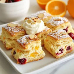 - 2 cups all-purpose flour - 1/2 cup granulated sugar - 2 teaspoons baking powder - 1/2 teaspoon baking soda - 1/2 teaspoon salt - 1/2 cup unsalted butter, cold and cubed - 1/2 cup fresh cranberries, finely chopped - Zest of 1 orange - 1/2 cup buttermilk - 1 large egg - 1 teaspoon vanilla extract - Sliced almonds for topping (optional) - Coarse sugar for sprinkling To make these scones, gather the ingredients first. Each one plays a key role in the final taste. The flour gives structure, while sugar adds sweetness. Baking powder and baking soda help the scones rise. Salt balances the flavors. Using cold butter is essential. It keeps the scones flaky. The fresh cranberries add tartness, while the orange zest brings a burst of citrus. Buttermilk makes the dough tender. The egg helps bind the ingredients together. Lastly, vanilla extract adds a lovely aroma. Feel free to top your scones with sliced almonds or coarse sugar. These toppings add a nice crunch and extra sweetness. Each ingredient works together to create a delightful flavor in your scones. {{ingredient_image_2}} 1. First, preheat your oven to 400°F (200°C). This helps the scones bake evenly. Line a baking sheet with parchment paper for easy cleanup. 2. In a large bowl, combine 2 cups of all-purpose flour, 1/2 cup of granulated sugar, 2 teaspoons of baking powder, 1/2 teaspoon of baking soda, and 1/2 teaspoon of salt. Whisk these dry ingredients until mixed well. 3. Next, add 1/2 cup of cold, cubed butter to the flour mix. Use a pastry cutter or your fingers to work the butter into the flour. Stop when it looks like coarse crumbs with some pea-sized pieces of butter. 4. Now, gently fold in 1/2 cup of finely chopped fresh cranberries and the zest of 1 orange. Make sure they are evenly distributed in the flour mix. 1. In another bowl, whisk together 1/2 cup of buttermilk, 1 large egg, and 1 teaspoon of vanilla extract. Mix until it is smooth and well combined. 1. Pour the wet mixture into the dry ingredients. Use a fork to mix gently until the dough comes together. Be careful not to overmix. The dough should feel crumbly but hold together when pressed. 2. Transfer the dough to a lightly floured surface. Shape it into an 8-inch round disc, about 1 inch thick. 3. With a sharp knife, cut the disc into 8 equal wedges, much like slicing a pizza. Place each wedge on the prepared baking sheet, ensuring space between them. 4. If you like, top each scone with sliced almonds and a sprinkle of coarse sugar. This adds a nice crunch. 5. Bake in the preheated oven for 15-20 minutes. They should turn golden brown and feel firm to touch. 6. After baking, remove the scones from the oven. Let them cool on a wire rack before serving. Cold butter is key to great scones. It keeps the scones flaky. When you mix cold butter into your flour, it creates pockets of air. This makes each bite light and airy. Always use butter straight from the fridge. Avoid overmixing the dough. After you add the wet ingredients, mix just until they come together. Overmixing makes scones tough. The dough should look a bit crumbly but hold together when pressed. Aim for the right dough consistency. It should not be too wet or too dry. If the dough is sticky, add a little flour. If it's too dry, add a splash of buttermilk. Top your scones with clotted cream, butter, or fruit preserves. Clotted cream adds a rich touch. Butter gives a classic flavor. Fruit preserves add sweetness and a fruity twist. For special occasions, present the scones on a nice plate. Add fresh orange slices or whole cranberries. This makes your dish colorful and inviting. You can even sprinkle some powdered sugar on top for an extra touch of sweetness. Pro Tips Use Cold Ingredients: Ensure that your butter and buttermilk are cold; this helps create a flaky texture in the scones. Don’t Overmix: Mix the dough until just combined to prevent tough scones. A slightly crumbly dough is ideal. Experiment with Flavors: Feel free to add other ingredients like chocolate chips or nuts for a personal touch. Serve Warm: For the best experience, serve the scones warm with a side of clotted cream or butter. {{image_4}} You can make your cranberry orange scones even better with a few tasty tweaks. - Adding nuts: Try mixing in walnuts or pecans. They add a nice crunch and flavor. - Incorporating chocolate chips or dried fruit: You can replace some cranberries with chocolate chips or dried apricots. This twist brings a rich sweetness that many people love. These changes can help you create a scone that fits your taste perfectly. A good glaze can elevate your scones to the next level. - Citrus glaze recipe: To make a simple glaze, mix powdered sugar with fresh orange juice. Drizzle this glaze over the warm scones for a bright finish. - Alternate topping suggestions: You can also use a dusting of powdered sugar or a sprinkle of coarse sugar. This gives a nice sparkle and a touch of sweetness. Experiment with these options, and you will find your favorite way to enjoy cranberry orange scones. To keep your cranberry orange scones fresh, store them in an airtight container. This method works best for short-term storage. Place the container at room temperature for up to two days. If you want them to last longer, consider freezing them. For freezing, wrap each scone tightly in plastic wrap. Then, place them in a freezer-safe bag. They can stay in the freezer for up to three months. When you are ready to enjoy them, simply take out the scones and let them thaw at room temperature. To reheat your scones, the best method is the oven. Preheat it to 350°F (175°C). Place the scones on a baking sheet and cover them with foil. Heat for about 10-15 minutes until warm. This keeps them soft and tasty. If you are in a hurry, you can use the microwave. Heat each scone for about 15-20 seconds. Just be careful not to overheat them, or they may become tough. Enjoy your freshly warmed scones! Can I use frozen cranberries? Yes, you can use frozen cranberries. Just chop them while still frozen. Do not thaw them. This keeps the scones from getting too wet. How to make these scones gluten-free? You can make these scones gluten-free by using a gluten-free flour blend. Look for one that has xanthan gum. This helps the scones rise and hold together. What can I substitute for buttermilk? If you do not have buttermilk, use milk with vinegar or lemon juice. Mix 1 cup of milk with 1 tablespoon of vinegar. Let it sit for five minutes before using. This makes a good substitute. How to tell when the scones are done baking? Check the scones after 15 minutes. They should be golden brown on top. Also, gently press the top; it should feel firm. If it leaves an imprint, bake for a few more minutes. Making cranberry orange scones is simple and fun. You now know the key ingredients, preparation steps, and tips to make them perfect. Remember, cold butter and avoiding overmixing give the best results. Consider adding nuts or chocolate for tasty twists. Store scones properly to keep them fresh. Enjoy serving your scones with clotted cream or preserves. Try these ideas to impress friends and family. I hope you bake these delightful treats soon!
