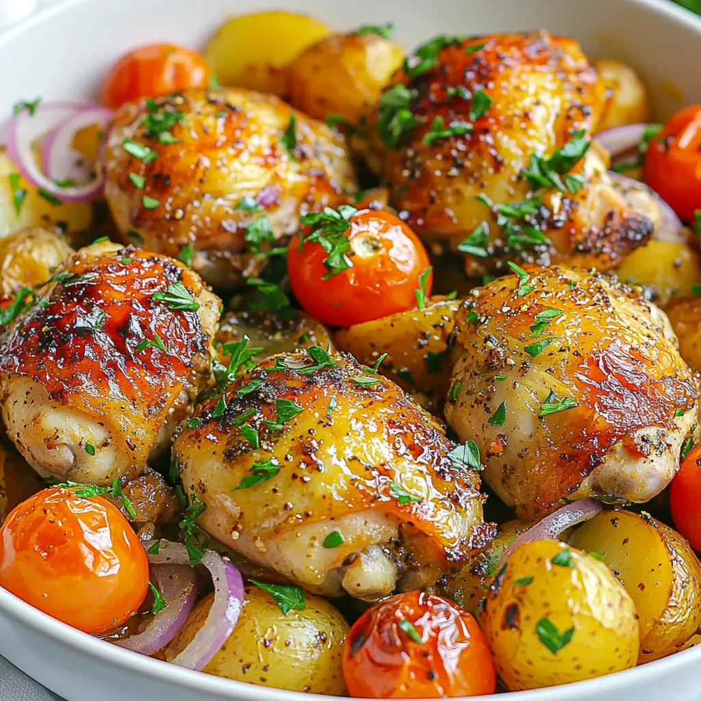- 4 bone-in, skin-on chicken thighs - 1 pound baby potatoes, halved - 1 large red onion, cut into wedges - 3 cloves garlic, minced - 1 cup cherry tomatoes, halved - 1 lemon, zested and juiced The chicken thighs add deep flavor and juiciness. Baby potatoes bring creaminess, while red onion adds sweetness. Garlic and cherry tomatoes give freshness. The lemon brightens everything with its zest and juice. - 3 tablespoons olive oil - 2 teaspoons dried oregano - 1 teaspoon dried thyme - Salt and pepper to taste - Fresh parsley, chopped for garnish Olive oil is key to a rich marinade. Oregano and thyme bring classic Greek flavors that make the dish special. Salt and pepper boost all the tastes. Fresh parsley adds a pop of color and freshness at the end. These ingredients work together to create a flavorful and satisfying meal. You will love how easy it is to prepare this dish in just one pan. {{ingredient_image_2}} - Preheat your oven to 400°F (200°C). This step is key for even cooking. - In a large bowl, mix olive oil, lemon juice, lemon zest, minced garlic, dried oregano, thyme, salt, and pepper. Whisk until smooth. This marinade will add a bright taste. - Take the chicken thighs and coat them well in the marinade. Let them sit for at least 15 minutes. If you have more time, go for an hour for more flavor. - On a large baking sheet, spread halved baby potatoes and onion wedges in a single layer. Drizzle with olive oil, then sprinkle with salt and pepper. Toss to mix. This ensures every bite is tasty. - Place the marinated chicken thighs on top of the potatoes and onions. Make sure they fit snugly. - Scatter halved cherry tomatoes around the chicken and potatoes. This adds a fresh burst of flavor and color. - Bake the dish for about 40-45 minutes. The chicken should hit 165°F (75°C) and the potatoes need to be fork-tender. - For crispy skin, turn on the broiler for 3-5 minutes. Watch it closely to prevent burning. - Once done, let the dish rest for 5 minutes. Before serving, sprinkle with fresh parsley for a pop of color and flavor. To get crispy chicken skin, start with bone-in, skin-on thighs. Pat the skin dry with paper towels. This helps the skin crisp up nicely. When you marinate, don't skip the lemon juice and zest. The acid helps tenderize the meat while adding flavor. For marinating time, aim for at least 15 minutes. If you have more time, go for 30 to 60 minutes. This gives the chicken a chance to soak up all the tasty flavors. The longer it sits, the better it gets. For serving, use a large platter. Arrange the chicken and veggies in a way that looks nice. Drizzle any leftover juices over the top for added flavor. A few lemon wedges on the side can brighten the dish. When it comes to sides, think about a fresh salad or warm pita bread. A light white wine or sparkling water pairs well with this meal. Both enhance the flavors without overpowering them. Pro Tips Marinate Longer for More Flavor: If you have the time, marinate the chicken thighs for up to an hour. This allows the flavors to penetrate deeper, resulting in a juicier and more flavorful dish. Use Fresh Herbs: While dried herbs work well, using fresh oregano and thyme can elevate the dish's flavor profile, adding brightness and freshness to the overall taste. Check for Doneness: Always use a meat thermometer to ensure the chicken reaches an internal temperature of 165°F (75°C). This guarantees that the chicken is safely cooked while remaining juicy. Experiment with Vegetables: Feel free to add other vegetables like bell peppers or zucchini to the mix. They will roast beautifully and add additional flavors and textures to your one-pan meal. {{image_4}} You can switch up the chicken type to fit your taste. Skinless or boneless chicken thighs work well. They still taste great when cooked with the same flavors. You can also use chicken breasts if you prefer leaner meat. For veggies, think about using zucchini or bell peppers. They add color and taste. Zucchini cooks fast and stays tender. Bell peppers give a nice crunch and sweetness. Feel free to mix and match your favorite vegetables. To amp up the taste, consider adding spices like paprika or cumin. Paprika adds a sweet, smoky flavor. Cumin gives a warm, earthy taste that pairs well with chicken. Just sprinkle a little on the chicken before cooking. You can also use different herbs for a fresh twist. Basil and rosemary are great options. Basil adds a sweet touch, while rosemary has a strong, pine-like flavor. Try using fresh herbs for a brighter taste. Just chop them up and sprinkle them over your dish before serving. To store leftovers, you should first let the dish cool. Place the chicken and potatoes in an airtight container. This keeps the food fresh and prevents odors. Store the container in the refrigerator. It will stay good for up to four days. For freezing, use a freezer-safe container. Make sure to leave some space at the top. The dish can last in the freezer for up to three months. To prevent freezer burn, wrap it in plastic wrap before sealing. When you’re ready to eat, you can reheat the dish in the oven. Preheat your oven to 350°F (175°C). Place the food in an oven-safe dish, cover it with foil, and heat it for about 20 minutes. You can also use the microwave. Place a portion on a plate and cover it with a damp paper towel. Heat for 2-3 minutes, checking every minute. To retain flavor and texture, add a splash of olive oil before reheating. This keeps everything moist and tasty. Enjoy your delicious Greek chicken and potatoes just like the first time! How do I know when the chicken is done? You can check the chicken's doneness by using a meat thermometer. The chicken should reach an internal temperature of 165°F (75°C). You can test it by inserting the thermometer into the thickest part of the thigh. The juices should run clear, not pink. If you don’t have a thermometer, the skin should be golden brown and the meat should feel firm. Can I make this dish in advance? Yes, you can prepare this dish ahead of time. Marinate the chicken and store it in the fridge for up to a day. You can also pre-cut the vegetables. Just assemble and bake when you are ready to eat. This saves time and allows the flavors to meld nicely. Can I grill the chicken instead of baking? You can definitely grill the chicken! Marinate it as usual. Then, heat your grill to medium-high. Cook the chicken for about 7-10 minutes on each side. Make sure to watch for flare-ups. This method adds a nice smoky flavor. What can I serve with One Pan Greek Chicken and Potatoes? This dish pairs well with a fresh Greek salad. You could also serve it with crusty bread or a side of tzatziki. Rice or quinoa are great options too, as they soak up the delicious juices. Feel free to mix and match based on what you enjoy! This article covers a simple recipe for One Pan Greek Chicken and Potatoes. You learned about key ingredients, easy steps, and helpful tips. Marinating gives the chicken great flavor, while baby potatoes and red onions add texture. You can even switch out ingredients to suit your taste. Remember to store leftovers properly and reheat them to keep their flavor. I hope you feel inspired to try this dish. It’s flavorful, easy, and perfect for any day. Enjoy your cooking adventure!