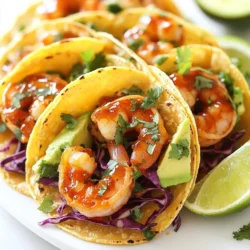 For these tasty tacos, you need just a few key items. Here are the main ingredients: - 1 lb large shrimp, peeled and deveined - 2 tablespoons Sriracha sauce - Juice from 2 fresh limes - 1 tablespoon extra virgin olive oil - 1 teaspoon garlic powder - 1 teaspoon ground cumin - Salt and freshly cracked pepper to taste - 8 small corn or flour tortillas These ingredients come together to make a zesty and flavorful dish. The shrimp provide protein and a great texture. Sriracha adds heat, while lime juice brings a fresh kick. Toppings can make your tacos even better. Here are some great options to try: - 1 cup red cabbage, finely shredded - 1 ripe avocado, sliced - 1/4 cup fresh cilantro, roughly chopped - Lime wedges for garnish These toppings add crunch, creaminess, and freshness. You can mix and match them based on what you enjoy. The choice of tortilla affects the taco experience. You can use: - Corn tortillas for a classic taste - Flour tortillas for a softer bite Both types work well. Choose based on your preference for flavor and texture. {{ingredient_image_2}} Start by grabbing a mixing bowl. Add 1 pound of large shrimp, peeled and deveined. Pour in 2 tablespoons of Sriracha sauce and juice from 2 fresh limes. Next, add 1 tablespoon of extra virgin olive oil, 1 teaspoon of garlic powder, and 1 teaspoon of ground cumin. Season with salt and freshly cracked pepper to taste. Mix well to coat the shrimp evenly. Let the shrimp sit in the marinade for 15 to 20 minutes. This helps the shrimp soak up all the tasty flavors. While the shrimp marinates, heat a skillet over medium-high heat. Once hot, add the marinated shrimp. Cook the shrimp for 2 to 3 minutes on each side. Look for them to turn bright pink and opaque. This shows that they are done. Remove the shrimp from the heat and set them aside. In a separate skillet or over an open flame, warm 8 small corn or flour tortillas. Heat them for about 30 seconds on each side. This makes them soft and easy to fold. To assemble the tacos, place a handful of finely shredded red cabbage on each tortilla. Add a few cooked shrimp on top. Then, add slices of ripe avocado and a sprinkle of roughly chopped cilantro. For extra zest, serve the tacos with lime wedges on the side. Enjoy your flavorful Sriracha Lime Shrimp Tacos! To boost the flavor in your tacos, focus on fresh ingredients. Use fresh lime juice instead of bottled for a zesty kick. You can also add more Sriracha for heat. Try mixing in fresh herbs like cilantro. They add freshness and depth. For a crunch, consider adding pickled onions or jalape&ntilde;os. These add texture and flavor contrast. Cooking shrimp perfectly is key. Start with large, fresh shrimp. They cook faster and taste better. Always marinate the shrimp for at least 15 minutes. This allows the flavors to blend. When cooking, heat your skillet until it's very hot. Cook the shrimp for 2 to 3 minutes on each side. They should turn bright pink and opaque. Don't overcrowd the pan; cook in batches if needed. Overcooked shrimp becomes rubbery, so stay alert. For a stunning taco display, use a colorful platter. Arrange the tacos neatly, and add lime wedges for a pop of color. You can sprinkle extra cilantro on top for a fresh touch. Consider using small bowls for any toppings like avocado or cabbage. This way, guests can customize their tacos. A vibrant presentation makes the meal more inviting! Pro Tips Marinate for Maximum Flavor: Letting the shrimp marinate for at least 20 minutes allows the flavors to penetrate deeply, enhancing the overall taste of the tacos. Perfectly Cooked Shrimp: Cook the shrimp just until they turn bright pink and opaque; overcooking can make them rubbery. Aim for about 2-3 minutes per side. Warm Tortillas Properly: Warming tortillas in a dry skillet or directly over a flame adds a slight char and makes them more pliable, improving the overall texture. Fresh Garnishes Matter: Use fresh cilantro and lime wedges to elevate the dish. They add brightness and a burst of flavor that complements the shrimp perfectly. {{image_4}} If you want a change from shrimp, try other proteins. Chicken works well and cooks quickly. Just marinate it with the same Sriracha and lime mix. Fish, like tilapia or cod, is also great. These options give you a new flavor while keeping it easy. You can make these tacos vegetarian or vegan too. Use grilled portobello mushrooms for a meaty texture. Cauliflower is another tasty choice; roast it with spices for added flavor. For a vegan twist, try chickpeas. They absorb flavors well and add protein. Want more heat? Add extra Sriracha to the shrimp or mix it into the toppings. If you prefer mild, reduce the Sriracha or use a mild sauce. You can also serve the tacos with a cooling sauce, like yogurt or sour cream, to balance the spice. To store leftover shrimp tacos, first separate the shrimp from the tortillas. Place the shrimp in an airtight container. Make sure to let them cool before sealing. For the tortillas, wrap them in plastic wrap or foil. This keeps them fresh and prevents them from drying out. You can store both in the fridge for up to three days. When you&rsquo;re ready to enjoy your tacos again, reheating is key. For the shrimp, use a skillet over medium heat. Cook for about two to three minutes until they are warm. Avoid overcooking to keep the shrimp tender. For the tortillas, warm them in the skillet for about 30 seconds on each side. This helps to bring back their softness. If you want to save the shrimp or other ingredients, freezing is a great option. Place cooked shrimp in a freezer bag. Remove as much air as possible before sealing. You can freeze the shrimp for up to three months. For the tortillas, you can stack them with parchment paper in between. Wrap them well and freeze. When ready, thaw in the fridge before reheating. To keep shrimp tender, avoid overcooking them. Cook shrimp for just 2 to 3 minutes per side. Look for a bright pink color and a firm texture. If shrimp cook too long, they turn rubbery. Marinating shrimp also helps, as it adds flavor and moisture. Yes, you can use frozen shrimp. Just be sure to thaw them first. Place shrimp in the fridge overnight or run them under cold water. After thawing, pat them dry before marinating. This helps the marinade stick and flavors shine through. These tacos pair well with many sides. You might serve them with: - Cilantro lime rice - Black beans - Grilled corn on the cob - A fresh green salad These sides complement the flavors of the shrimp and add variety to your meal. Enjoy your taco night! This article covered how to make delicious Sriracha Lime Shrimp Tacos. You learned about key ingredients, cooking methods, and useful tips. Explore flavor variations and storage methods to keep your tacos fresh. Enjoy experimenting with different toppings and proteins to find what you love. With these steps, you can craft amazing tacos to impress everyone. Now, it&rsquo;s your turn to get started and enjoy great meals!