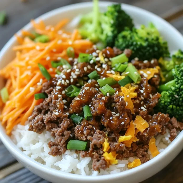 - 1 lb ground beef - 3 tablespoons soy sauce - 1 tablespoon brown sugar - 1 tablespoon sesame oil - 2 teaspoons minced garlic - 1 teaspoon minced ginger - 1 teaspoon red pepper flakes - 2 green onions, finely chopped - 1 cup cooked rice - 1 cup shredded carrots - 1 cup steamed broccoli florets - Sesame seeds for garnish In your Korean Ground Beef Bowls, you'll want to start with the basics: ground beef and cooking essentials. The beef gives a rich flavor and hearty texture. You also need soy sauce, brown sugar, and sesame oil. These add depth and sweetness to the dish. Next, we have our aromatic ingredients. Garlic and ginger add zing and warmth. Red pepper flakes give it a nice kick, but you can adjust them if you like it milder. Don’t forget the fresh elements. Green onions bring crunch and color. Shredded carrots add sweetness, and steamed broccoli offers a nice green touch. Lastly, garnish with sesame seeds. They add a delightful crunch and a bit of flair to your bowls. Enjoy bringing these flavors together! {{ingredient_image_2}} 1. First, heat the sesame oil in a large skillet over medium-high heat until it shimmers. 2. Next, add minced garlic and ginger to the hot oil. Sauté for about 30 seconds until fragrant. 3. Then, add the ground beef to the skillet. Use a spatula to break it into small crumbles. 4. Cook the beef until it is browned and no longer pink, about 5-7 minutes. 5. After the beef cooks, carefully drain any excess fat. This keeps the dish from being greasy. 6. Pour in the soy sauce, sprinkle in brown sugar, and add red pepper flakes. Stir well to combine. 7. Let the mixture simmer for 2-3 minutes. This allows the flavors to blend nicely. 1. Begin by layering cooked rice in each serving bowl. This will be the base of your meal. 2. Next, spoon the Korean ground beef mixture over the rice. Make sure each bowl has a hearty portion. 3. Top each bowl with shredded carrots, steamed broccoli, and chopped green onions. This adds crunch and color. 4. Finally, sprinkle sesame seeds on top as a garnish before serving. These steps make it easy to create delicious Korean Ground Beef Bowls. Enjoy the cooking process and the tasty results! To avoid greasy beef, drain any extra fat after cooking. This step helps keep the dish light and tasty. Use a slotted spoon or tilt the skillet to let the fat run off. For even cooking and flavor distribution, break the beef into small pieces as it cooks. Stir it often to ensure all parts get the same heat. This way, every bite is full of flavor. To make your bowls visually appealing, use a variety of colors. Layer the rice, beef, and veggies in a way that shows off the bright colors. A mix of greens, orange carrots, and dark beef looks great together. For extra garnishes, try adding slices of green onions or a drizzle of sesame oil. These small touches make the meal pop and look gourmet. You can also sprinkle extra sesame seeds for added crunch and flair. Pro Tips Adjust the Spice Level: Feel free to modify the amount of red pepper flakes based on your heat preference. Start with less if you're unsure and add more as needed. Use Fresh Ingredients: Fresh garlic and ginger make a significant difference in flavor. If possible, avoid using pre-minced versions for the best taste. Customize Your Veggies: While this recipe includes carrots and broccoli, feel free to use any vegetables you enjoy or have on hand, like bell peppers or snap peas. Meal Prep Friendly: This dish is perfect for meal prep! Cook a larger batch and store individual portions in the fridge or freezer for quick meals throughout the week. {{image_4}} To make Korean Ground Beef Bowls gluten-free, swap regular soy sauce for gluten-free soy sauce. This small change keeps the flavor intact while making it safe for those with gluten sensitivities. For low-carb or keto diets, replace the rice with cauliflower rice. Cauliflower rice has a similar texture but far fewer carbs. You can steam or sauté it for a warm base that absorbs the beef flavors well. You can adjust spice levels to fit your taste. If you like heat, add more red pepper flakes. For a milder dish, reduce or skip them. Feel free to add or substitute vegetables. Bell peppers, snap peas, or zucchini can bring new flavors and colors to your bowl. Just remember to cook them until they are tender but still crisp. Enjoy experimenting! To keep your Korean ground beef bowls fresh, let them cool down first. This helps prevent moisture build-up in the container. Once cool, store the bowls in airtight containers. Glass or plastic containers work well. Make sure to separate the beef, rice, and veggies if possible. This keeps flavors and textures intact. Refrigerate the bowls within two hours of cooking. They will stay fresh for up to four days. If you want to keep them longer, consider freezing. Place the beef and rice in freezer-safe bags. Squeeze out as much air as you can before sealing. They can last about three months in the freezer. To reheat your bowls, use the microwave for quick and easy warming. Place the bowl in the microwave and cover it with a damp paper towel. This keeps moisture in, making the meal tender. Heat for one to two minutes, stirring halfway through. If you prefer a stovetop method, heat a skillet over medium heat. Add a splash of water or broth to keep it moist. Stir occasionally until heated through. For crispy rice, let it sit a bit longer. Always check to ensure it’s hot all the way through before serving. Can I use a different type of meat? Yes, you can. Ground turkey or chicken works well. You may need to adjust cooking times. For a richer taste, use pork. Just make sure the meat is finely ground for best texture. How can I make Korean Ground Beef Bowls vegetarian? To make this dish vegetarian, swap the beef for a plant-based meat substitute. You can also use firm tofu, crumbled, or tempeh. Season it just like the beef for great flavor. What can I serve with Korean Ground Beef Bowls? These bowls are great on their own. You can add side dishes like kimchi or pickled vegetables for extra crunch. A light salad with sesame dressing also pairs well. How do I meal prep Korean Ground Beef Bowls? Meal prep is easy. Cook the beef mixture and store it in the fridge. Prepare rice and veggies separately. Just combine them when you're ready to eat. This keeps everything fresh and tasty. In this blog post, we covered the key ingredients and steps for Korean Ground Beef Bowls. I shared tips to avoid greasy beef and enhance flavors. You learned about variations for dietary needs and storage methods. This dish is simple to prepare and highly customizable. Experiment with flavors and toppings to make it your own. Trust the process and enjoy your cooking journey.