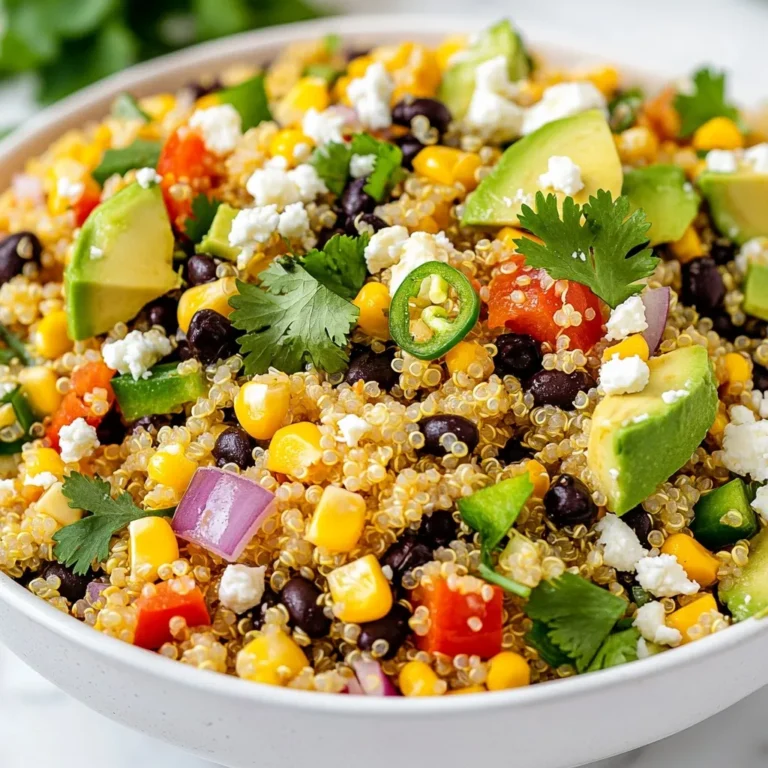 - 1 cup quinoa, thoroughly rinsed - 1 cup black beans, rinsed and drained - 1 cup corn, either fresh off the cob or frozen - 1 red bell pepper, diced into bite-sized pieces - 1 jalapeño, finely chopped (seeds removed for a milder flavor) - 1/2 red onion, finely chopped - 1 avocado, diced into cubes - 1/4 cup fresh cilantro, roughly chopped The main ingredients in this salad bring bright colors and bold flavors. Quinoa serves as the base, giving you protein and fiber. Black beans add heartiness and a nice texture. Corn brings sweetness, while the red bell pepper and jalapeño provide crunch and heat. The onion adds a sharp note, and avocado gives a creamy touch. Finally, cilantro adds freshness that ties everything together. - Juice of 2 limes (about 1/4 cup) - 2 tablespoons extra virgin olive oil - 1 teaspoon ground cumin - 1/2 teaspoon smoked paprika - Salt and freshly cracked black pepper, to taste The dressing is simple yet packs a punch. Lime juice brightens the flavors while olive oil adds richness. Ground cumin and smoked paprika give warmth and depth. A sprinkle of salt and black pepper balances everything perfectly. - Crumbled feta cheese for a savory topping Feta is a great optional ingredient. It adds a salty bite and a creamy texture that enhances the salad. You can add it if you like a bit more flavor or richness. This salad is a fun mix of tastes and textures. You can easily customize it to your liking with different ingredients or toppings. Enjoy experimenting! {{ingredient_image_2}} - First, rinse 1 cup of quinoa under cold water. This removes the bitter coating called saponin. - In a medium saucepan, add the rinsed quinoa and 2 cups of vegetable broth or water. - Bring the mixture to a rolling boil over medium heat. - Once it boils, reduce the heat to low. Cover it tightly and let it simmer for about 15 minutes. - After the time is up, remove it from heat and let it sit, covered, for 10 minutes. - Use a fork to fluff the quinoa gently. This makes the grains light and airy. - In a large mixing bowl, add 1 cup of black beans, rinsed and drained. - Next, mix in 1 cup of corn, fresh or frozen. - Add 1 diced red bell pepper, 1 finely chopped jalapeño, and 1/2 finely chopped red onion. - Toss in 1/4 cup of fresh cilantro, roughly chopped. Mix all these ingredients well. - After the quinoa cools, fold it into the vegetable mixture. Be gentle to keep the quinoa fluffy. - In a small bowl, whisk together the juice of 2 limes, about 1/4 cup, with 2 tablespoons of extra virgin olive oil. - Add 1 teaspoon of ground cumin and 1/2 teaspoon of smoked paprika. - Season with salt and freshly cracked black pepper. Whisk until combined. - Drizzle the dressing over the salad and toss gently to coat all the ingredients. - Carefully fold in the diced avocado without mashing it. - You can sprinkle crumbled feta cheese on top if you like. This adds a savory touch before serving. - Serve the salad in a large bowl or in single servings. - For a colorful look, add lime wedges and extra cilantro on top. - Add spices like cayenne for heat and oregano for depth. - Top with crumbled feta cheese for a creamy touch. - Rinse quinoa well to remove bitter saponins. This helps make it taste good. - Chop vegetables into small, even pieces for a nice mix and bite. Pro Tips Rinse the Quinoa: Always rinse quinoa under cold water before cooking to remove its natural coating, called saponin, which can make it taste bitter. Cool the Quinoa: Let the cooked quinoa cool down before mixing it with other ingredients to maintain their freshness and prevent mushiness. Customize Your Veggies: Feel free to swap in your favorite vegetables or whatever you have on hand, such as cherry tomatoes, cucumber, or zucchini for added flavor and texture. Make It Ahead: This salad can be made a day in advance; just store it in an airtight container in the fridge. The flavors will meld beautifully overnight! {{image_4}} You can make this salad even heartier. Try adding grilled chicken. It adds a nice smoky flavor. Shrimp is another great choice. Cook it until pink and tender. If you want a plant-based option, use tofu. Just grill or sauté the tofu until golden brown. Each protein brings new taste to the salad. Feel free to switch up the veggies. You can use cherry tomatoes instead of bell pepper. Zucchini or cucumber also works well. If you want a different bean, try chickpeas or kidney beans. Each swap adds a new twist. This salad is all about your taste. Dressing makes a big difference in flavor. For a creamy touch, try adding avocado dressing. It gives a nice richness. You can also use different vinaigrettes. A balsamic vinaigrette can add sweetness. A lemon vinaigrette brings a bright zing. Adjust the dressing to match your mood! To keep your Southwest Quinoa Salad fresh, store it in the fridge. Place it in an airtight container. This helps to prevent moisture loss and keeps flavors intact. I recommend using glass containers. They are easy to clean and do not stain or smell. You can freeze the salad if you want to save it for later. First, separate the components. Freeze the quinoa and beans together. You can freeze the vegetables in a different bag. Avoid freezing the avocado, as it does not freeze well. When you want to eat it, thaw everything in the fridge overnight. Reheat the quinoa gently in the microwave before serving. In the fridge, the salad lasts about three to four days. Check for signs of spoilage before eating. Look for a sour smell, slimy texture, or discoloration. If you notice any of these signs, do not eat it. Enjoy your meal while it is fresh! To make quinoa fluffy, rinsing is key. Rinse the quinoa under cold water. This removes the bitter coating called saponin. It helps the grains taste better. Next, use the right water ratio. I like two cups of broth or water for one cup of quinoa. Bring the mixture to a boil. Then reduce the heat and cover it. Let it simmer for about 15 minutes. After cooking, let it sit for 10 minutes. This resting period helps the grains finish cooking. Finally, fluff the quinoa gently with a fork. This lightens the grains and makes them airy. Yes, you can make this salad ahead of time. I recommend storing it in the fridge for up to three days. To keep the flavors fresh, store the dressing separately. Add it right before you serve. This way, the veggies stay crisp, and the flavors shine. Southwest Quinoa Salad is very healthy. Quinoa is a complete protein. It has all nine essential amino acids. Black beans add fiber and protein, making this dish filling. Fresh veggies like bell peppers and corn offer vitamins and minerals. Avocado provides healthy fats that are great for your heart. This salad is not only tasty but also full of good nutrients. This blog covered how to make a tasty Southwest Quinoa Salad. We explored the main ingredients like quinoa, black beans, and fresh veggies. I shared step-by-step instructions on cooking and mixing for a delicious result. We also discussed tips for serving and adding flavor. You can try different proteins and dressings to personalize it. Storing and freezing your salad is easy, too. Enjoy this nutritious meal that’s packed with flavor! It’s a great way to get healthy foods into your diet.