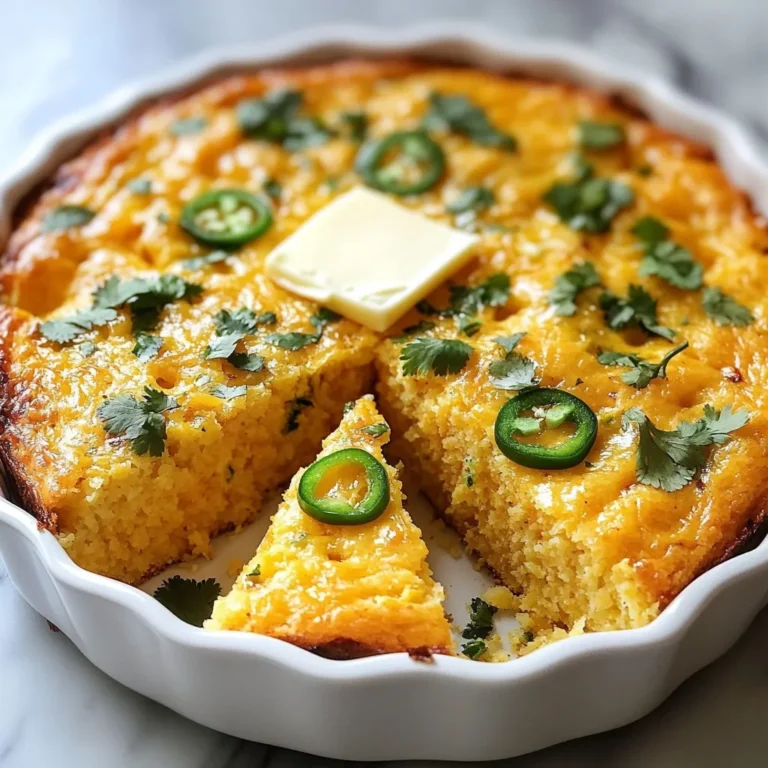 - 1 cup cornmeal - 1 cup all-purpose flour - 1 tablespoon baking powder - 1/2 teaspoon baking soda - 1/2 teaspoon salt - 1 cup buttermilk (or milk with 1 tablespoon vinegar) - 2 large eggs - 1/4 cup honey - 1/4 cup melted butter - 1 cup shredded sharp cheddar cheese - 2 jalapeños, finely chopped (remove seeds for a milder flavor if preferred) Gather these simple ingredients for a tasty treat. Each item plays a key role. The cornmeal gives the cornbread its classic texture. The all-purpose flour adds structure. Baking powder and baking soda help it rise. Salt brings out the flavors. Buttermilk makes it moist and tender. Eggs bind everything together. Honey sweetens the mix while melted butter adds richness. Cheddar cheese gives a delicious sharpness, and jalapeños add a spicy kick. - 1/4 cup corn kernels (fresh or frozen for extra texture) - Additional toppings (butter, cilantro, green onions) For added fun, use corn kernels. They add a nice crunch. Toppings like butter, cilantro, or green onions make it look pretty and taste even better. Mix and match to find your favorite combination. Enjoying this cornbread can be a personal journey of flavor! {{ingredient_image_2}} 1. Preheat the oven and prepare the baking dish Start by preheating your oven to 400°F (200°C). This ensures even cooking. Next, grease a 9-inch square baking dish or a cast-iron skillet. Use butter or cooking spray to coat the sides and bottom. 2. Combine dry ingredients In a large mixing bowl, add the following dry ingredients: - 1 cup cornmeal - 1 cup all-purpose flour - 1 tablespoon baking powder - 1/2 teaspoon baking soda - 1/2 teaspoon salt Whisk them all together until well mixed. This step helps to avoid lumps in your batter. 1. Whisk wet ingredients In another bowl, grab these wet ingredients: - 1 cup buttermilk (or milk mixed with 1 tablespoon vinegar) - 2 large eggs - 1/4 cup honey - 1/4 cup melted butter Whisk them until smooth. You want a creamy and even mixture. 2. Combine wet and dry ingredients Slowly pour the wet mixture into the dry ingredients. Use a spatula or wooden spoon to fold them together. Mix just until combined. A few lumps are okay. Overmixing can make your cornbread tough. 1. Add cheese, jalapeños, and optional corn Now, it's time to add flavor. Mix in: - 1 cup shredded sharp cheddar cheese - 2 finely chopped jalapeños (remove seeds for less heat) - Optional: 1/4 cup corn kernels Stir gently until the cheese and jalapeños are spread evenly in the batter. 2. Bake the cornbread Pour the batter into your prepared dish. Spread it out evenly. Bake it in the oven for 20-25 minutes. It’s ready when the top is golden brown. A toothpick should come out clean when inserted in the center. Enjoy the warm, spicy smell filling your kitchen as it bakes! To get that ideal cornbread texture, avoid overmixing. Mix just until the dry and wet ingredients combine. A few lumps are okay. Overmixing can make the cornbread tough. Bake at the right temperature. An even bake gives you a golden top and fluffy inside. You can adjust the heat of the jalapeños. If you like it mild, remove the seeds. For more heat, leave them in or add more jalapeños. Try using different cheeses, too! Pepper jack gives a nice kick. A mix of cheddar and gouda adds depth to the flavor. Serve the cornbread warm. A dollop of butter on top makes it extra tasty. Garnish with chopped cilantro or sliced green onions for color. For a meal, pair it with chili or soup. This makes a great combination that warms the soul. Pro Tips Fresh Ingredients: Always use fresh jalapeños and quality cheddar cheese for the best flavor in your cornbread. Adjust Spice Level: If you prefer a milder cornbread, remove the seeds and membranes from the jalapeños before chopping. Check for Doneness: To ensure your cornbread is fully baked, insert a toothpick in the center; it should come out clean. Storage Tips: Store any leftover cornbread in an airtight container at room temperature for up to 2 days, or freeze for longer storage. {{image_4}} You can make your cornbread even spicier! Try adding more jalapeños if you love heat. Use two or three extra peppers for a real kick. You could also mix in other peppers like serrano or habanero for different flavors. Incorporating spices like cumin or chili powder can add depth. A teaspoon of each will warm things up and boost the taste. If you're looking for healthier choices, there are great options. You can use gluten-free flour instead of all-purpose flour. This keeps the same great texture without gluten. Another idea is to reduce the sugar by using less honey. You can cut it in half and still keep the cornbread sweet. Switching up the cheese can change the whole dish! Instead of sharp cheddar, try pepper jack for added spice. This cheese melts well and has a nice flavor. You can also incorporate herbs like cilantro or chives. Mixing in dried herbs can make your cornbread taste fresh and unique. Just a teaspoon of your favorite herb will do the trick! To keep your Jalapeño Cheddar Cornbread fresh, store it in the fridge. Wrap it tightly in plastic wrap or place it in an airtight container. This helps prevent it from drying out. It stays fresh for about 3 to 5 days in the fridge. For longer storage, you can freeze the cornbread. First, let it cool completely. Then, wrap each piece in plastic wrap, followed by aluminum foil. This double layer prevents freezer burn. You can freeze it for up to 3 months. When you want to enjoy it again, take a piece out of the freezer. Let it thaw in the fridge overnight, or pop it in the microwave for a quick thaw. To reheat, place it in a 350°F (175°C) oven for about 10-15 minutes. This warms it up nicely and keeps it soft. Jalapeño Cheddar Cornbread is best enjoyed fresh, but it has a decent shelf life. When stored properly in the fridge, it lasts about 3 to 5 days. In the freezer, it can stay good for up to 3 months. Always check for any signs of spoilage before eating. Enjoy your cornbread while it's fresh for the best taste! Yes, you can use regular milk. Add one tablespoon of vinegar or lemon juice to one cup of milk. Let it sit for five minutes. This mixture will mimic buttermilk. To add more heat, use extra jalapeños. You can also try adding diced serrano or habanero peppers. Adjust according to your heat preference. Yes, you can make the batter ahead of time. Cover the bowl and store it in the fridge for up to 24 hours. Just stir it gently before baking. This cornbread pairs great with chili, soup, or grilled meats. Serve it warm with butter, honey, or even salsa for a fun twist. The cornbread is ready when the top is golden brown. Insert a toothpick in the center. If it comes out clean, your cornbread is done! You can make Jalapeño Cheddar Cornbread easily with simple ingredients and steps. We discussed what you need, from cornmeal to sharp cheddar cheese. I shared tips to get the perfect texture and flavor, plus variations for spice lovers. Don’t forget storage tips to keep your cornbread fresh. Whether you keep it mild or kick up the heat, this recipe suits any taste. Enjoy baking and sharing this warm, tasty dish with your loved ones!