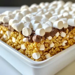 To make S'mores Rice Krispie Treats, you need some key ingredients. Here&rsquo;s what you will need: - 5 cups Rice Krispies cereal - 1 bag (10 oz) mini marshmallows - 1/4 cup unsalted butter - 1 cup graham cracker crumbs - 1/2 teaspoon pure vanilla extract - 1 cup chocolate chips (semi-sweet or milk chocolate) - Extra mini marshmallows for topping These ingredients create a tasty balance of flavors and textures. You can change your S'mores Rice Krispie Treats by adding personal touches. Here are some fun ideas: - Peanut butter for a nutty flavor - Sea salt for a sweet and salty vibe - Toasted coconut for a tropical twist - Different types of chocolate chips, like dark or white chocolate These options can make your treats unique and exciting! Using quality ingredients makes a big difference. Here are some brands I trust: - Rice Krispies: Kellogg's is a classic choice. - Mini marshmallows: Jet-Puffed mini marshmallows melt well. - Unsalted butter: Look for Land O'Lakes for great flavor. - Graham crackers: Honey Maid offers a nice sweetness. - Chocolate chips: Ghirardelli or Nestl&eacute; are both reliable options. Choosing these brands can help you achieve the best taste and texture in your treats! {{ingredient_image_2}} Start by greasing a 9x13 inch baking dish. You can use butter or non-stick spray. This step keeps the treats from sticking when you cool them. In a large saucepan, melt 1/4 cup of unsalted butter over medium heat. Once it&rsquo;s melted, add in a 10 oz bag of mini marshmallows. Stir until they&rsquo;re all melted. You want a smooth and gooey mixture. Remove the pan from heat when done. Next, stir in 1/2 teaspoon of pure vanilla extract. Now add 1 cup of graham cracker crumbs. Mix well until everything is combined. It should feel thick and sticky, like caramel. Gradually fold in 5 cups of Rice Krispies cereal. Use a gentle motion to coat each piece with the marshmallow mix. The texture should be sticky but hold together well. Now, fold in 1 cup of chocolate chips. Make sure they are evenly spread out. You can save some to sprinkle on top later for a nice look. Carefully pour the mixture into the prepared baking dish. Use a spatula or parchment paper to press it down firmly. This helps make a nice, even layer. Sprinkle extra mini marshmallows and any reserved chocolate chips on top. Lightly press them into the surface so they stick. Let the treats cool at room temperature for about 30 minutes. This helps them firm up. Once cool, use a sharp knife to cut them into squares or rectangles. These treats are best enjoyed warm. You can also store them in an airtight container for up to a week. They make a great snack anytime! For a fun twist, serve on a colorful platter and drizzle melted chocolate on top before cutting. To get the best texture in your S'mores Rice Krispie Treats, you must mix well. After melting the butter and marshmallows, stir until smooth. When adding the Rice Krispies, fold gently. This keeps them crispy. If you press too hard, the treats become dense. A light touch ensures they stay fluffy. One common mistake is not greasing the dish enough. If you skip this step, your treats will stick. Another mistake is using too many marshmallows. This can make your treats overly gooey. Stick to the recipe for balance. Finally, don&rsquo;t rush the cooling process. Let them cool for at least 30 minutes. This helps them set properly. To keep your S'mores Rice Krispie Treats fresh, use an airtight container. They last up to a week. Place parchment paper between layers to avoid sticking. If they get hard, simply microwave them for a few seconds. This will soften them up again. Enjoy your treats at any time! Pro Tips Use Fresh Ingredients: Always ensure your marshmallows and chocolate chips are fresh for the best flavor and texture in your treats. Customize Your Chocolate: Feel free to mix different types of chocolate chips, like dark and white chocolate, for a unique flavor combination. Press Firmly: When transferring the mixture to the baking dish, press it down firmly to create dense, chewy squares that hold together well. Experiment with Mix-Ins: Add in nuts, peanut butter, or other favorite candies to create your own twist on these classic treats. {{image_4}} You can add peanut butter for a tasty twist. Start by melting 1/2 cup of creamy peanut butter with the butter and mini marshmallows. This adds a rich flavor and a creamy texture. Mix in the Rice Krispies and chocolate chips as usual. The peanut butter brings a new layer of taste to the classic treat. For a healthier version, swap out the regular butter for coconut oil. Use natural peanut butter instead of the creamy kind. You can also switch mini marshmallows for a healthier brand or use homemade marshmallows. Choose dark chocolate chips for less sugar. These changes keep the fun while making it a bit better for you. You can change the flavors based on the seasons. In fall, add pumpkin spice to the mix. In winter, try peppermint extract for a fresh taste. In summer, mix in fresh berries or lemon zest. These seasonal flavors make your S'mores Rice Krispie Treats fun and festive all year round. Get creative with your choices! To keep your S'mores Rice Krispie Treats fresh, store them in an airtight container. This helps to keep them soft and chewy. Do not expose them to air, as this can make them hard. Place a piece of wax paper between layers if stacking. This way, they won&rsquo;t stick together. When stored properly, these treats can last up to a week. They taste best within the first few days. After that, they may lose some of their gooey texture, but they still taste great. If you notice they are getting dry, a quick zap in the microwave can bring back some softness. You can freeze S'mores Rice Krispie Treats for longer storage. Wrap them tightly in plastic wrap, then place them in a freezer bag. They can last up to three months in the freezer. When you're ready to eat, thaw them in the fridge overnight. Enjoy them as a sweet treat any time! Yes, you can use regular marshmallows. You will need about 10-12 large marshmallows. Just make sure to melt them fully. They will give the same yummy flavor. The texture may be slightly different but still delicious. To make these treats gluten-free, use gluten-free Rice Krispies. Check the label on the graham crackers too. Many brands offer gluten-free options. This way, everyone can enjoy them! Absolutely! You can add nuts like walnuts or pecans. You can also try other toppings like crushed candy bars or sprinkles. Just fold them into the mixture before pressing it into the dish. This adds crunch and fun flavors. The best way to cut the treats is with a sharp knife. Lightly grease the knife with butter or cooking spray. This helps the knife glide through the treats. Cut them into squares or rectangles while they are still slightly warm. Yes, S'mores Rice Krispie Treats are great for kids! They are fun, sweet, and easy to eat. Kids love the gooey marshmallows and chocolate. Just be sure to keep an eye on young ones while enjoying this treat! You now know the key ingredients and steps for making S'mores Rice Krispie Treats. We covered essential tips, variations, and storage options. These treats are easy to customize for any taste. Remember to avoid common mistakes for the best texture. With a bit of creativity, you can make them your own. Enjoy these treats at any gathering. They are sure to please everyone. Now, grab your ingredients and start creating sweet memories today!