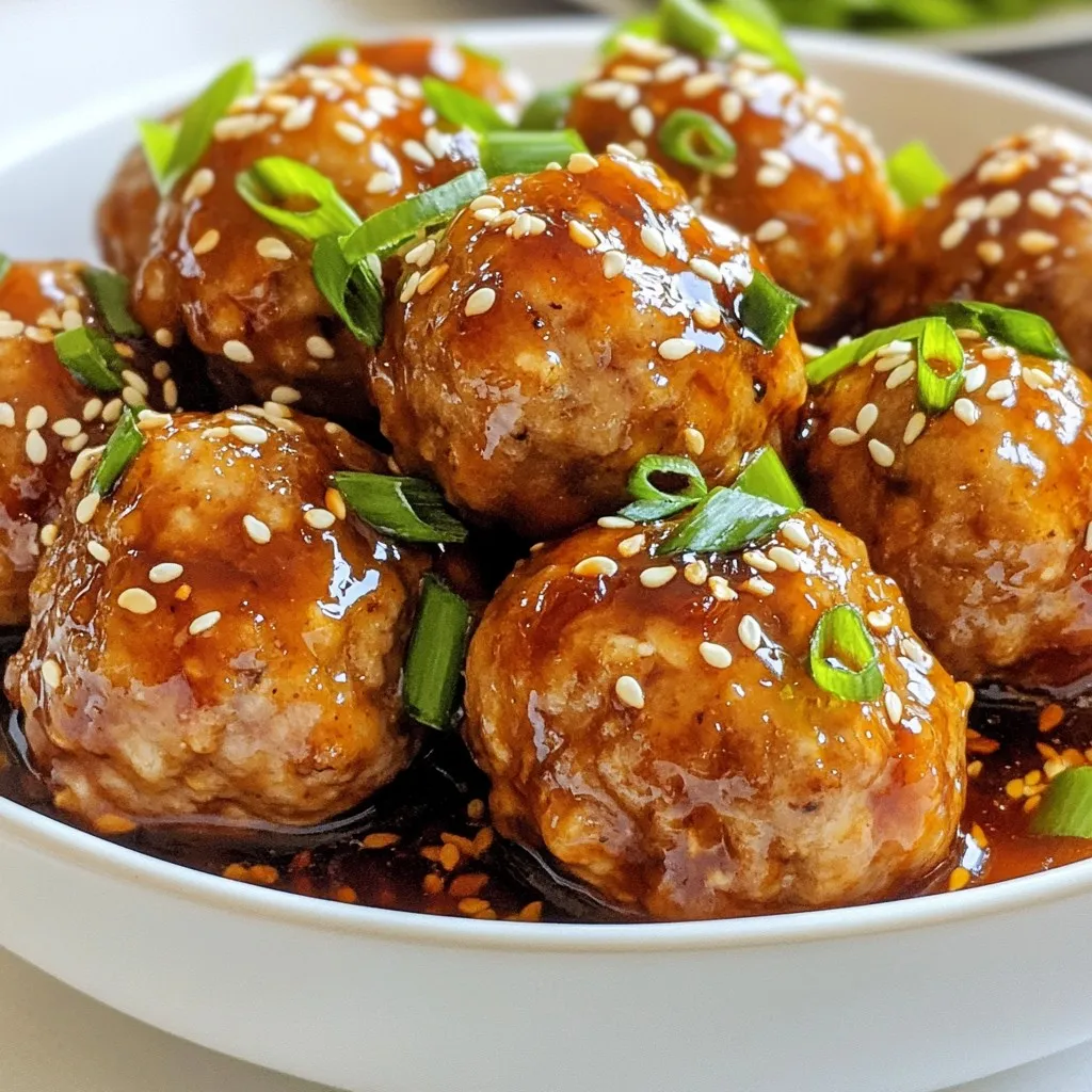 - 1 pound ground turkey - 1/2 cup panko breadcrumbs - 1/4 cup green onions, finely chopped - 1/4 cup fresh parsley, chopped - 2 garlic cloves, minced - 1 egg, lightly beaten - 2 tablespoons soy sauce - 1 tablespoon fresh ginger, grated - 1 tablespoon sesame oil - 1/4 cup teriyaki sauce These main ingredients make teriyaki turkey meatballs tasty and easy to prepare. Ground turkey is lean and healthy. Panko breadcrumbs add a nice crunch. Green onions and parsley bring freshness. Garlic gives a strong flavor, while the egg helps bind everything together. Soy sauce and ginger add depth to the taste. Sesame oil gives a nutty aroma, making the dish even more special. - Sesame seeds - Extra chopped green onions Garnishes are fun and easy to do. Toasted sesame seeds add a crunchy texture. Extra chopped green onions make the dish look colorful. They also enhance the flavor. You could even add some chopped cilantro if you like that taste. - Calories: 250 - Protein: 22g - Fat: 12g - Carbohydrates: 15g - Fiber: 1g - Sugar: 3g Knowing the nutritional facts helps you make good choices. These meatballs are rich in protein. They are a great option for a filling meal. The balance of fat and carbs makes them satisfying. Enjoy them without guilt, and feel good about what you eat! {{ingredient_image_2}} Start by grabbing a large bowl. Add 1 pound of ground turkey. Next, mix in 1/2 cup of panko breadcrumbs. Add 1/4 cup of finely chopped green onions and 1/4 cup of chopped fresh parsley. Toss in 2 minced garlic cloves, 2 tablespoons of soy sauce, and 1 tablespoon of grated fresh ginger. Don’t forget the 1 tablespoon of sesame oil! Finally, crack in 1 lightly beaten egg. Use your hands or a spatula to blend everything well. The mixture should feel soft but hold together. Now, preheat your oven to 400°F (200°C). While that's happening, take a baking sheet and line it with parchment paper. This step helps the meatballs not to stick. It also makes cleaning up a breeze! With damp hands, scoop out the turkey mixture. Roll it into small meatballs, about 1 inch in size. Place them on the baking sheet, leaving space between each meatball. This allows them to cook evenly. Bake them in your preheated oven for 15-20 minutes. They should turn golden brown and reach an internal temp of 165°F (74°C). While the meatballs bake, grab a small saucepan. Pour in 1/4 cup of teriyaki sauce. Heat it over low heat. Stir it occasionally until it warms up. This will make the flavor brighter and more delicious! When the meatballs are done, take them out of the oven. You can either drizzle the warm teriyaki sauce over them on the sheet or gently toss them in the saucepan. For a pretty touch, transfer the meatballs to a serving platter. Sprinkle sesame seeds on top and add extra chopped green onions for color and flavor. Enjoy your tasty dish! To keep your meatballs moist, use ground turkey with some fat. Ground turkey breast is leaner, so mix in a bit of thigh meat if you can. Adding panko breadcrumbs helps too. They soak up moisture and keep the meatballs tender. Don't forget the egg; it binds the mixture and adds moisture. Lastly, avoid overcooking. Aim for an internal temperature of 165°F. Even cooking is key for great meatballs. First, make sure to space them out on the baking sheet. This allows hot air to circulate around each one. Secondly, roll them into uniform sizes, about 1 inch in diameter. This helps them cook at the same rate. Preheating your oven to 400°F is also important. It ensures they start cooking right away. Making your own teriyaki sauce is easy and fun! Start with soy sauce, brown sugar, and mirin. You can add fresh ginger and garlic for extra flavor. Simmer this mix over low heat until it thickens. If you want a bit of heat, add a splash of sriracha. Adjust the sweetness or saltiness to match your taste. Keep it simple and enjoy the fresh taste! Pro Tips Use Fresh Ingredients: Fresh herbs and vegetables enhance the flavor of your meatballs significantly. Try to use fresh parsley and green onions for the best taste. Don't Overmix: When combining the ingredients, mix just until combined. Overmixing can make the meatballs tough instead of tender. Check for Doneness: Always use a meat thermometer to ensure that your turkey meatballs reach an internal temperature of 165°F (74°C) for safety and optimal juiciness. Serve with Sides: Pair your teriyaki turkey meatballs with steamed rice or a fresh salad to create a well-rounded meal. {{image_4}} You can switch ground turkey for other meats. Try ground chicken or lean beef. Both options keep the meatballs tasty and juicy. You can even use ground lamb for a unique twist. Just follow the same steps in the recipe. The flavor will change, but the fun stays the same! To make this dish gluten-free, use gluten-free panko breadcrumbs. Many stores sell these now. You can also swap soy sauce for tamari, which is gluten-free. This way, you’ll enjoy the same great taste without the gluten. Your friends and family won't even notice the difference! If you like heat, add some spice! Mix in red pepper flakes or sriracha to the turkey mixture. Start with a small amount, then taste as you go. You can also drizzle extra spicy teriyaki sauce on top before serving. This will give your meatballs a fiery kick that is sure to impress! After you enjoy your teriyaki turkey meatballs, store any leftovers in an airtight container. Place them in the fridge. They will stay fresh for about three to four days. To reheat, you can use the microwave or the oven. In the microwave, place the meatballs on a plate. Heat for one to two minutes, or until warm. If using the oven, preheat to 350°F (175°C) and heat for about 10 minutes. This keeps the meatballs tasty and moist. If you want to save some meatballs for later, freezing is a great option. First, let them cool completely. Then, place them in a single layer on a baking sheet. Freeze for about one hour. Once frozen, transfer them to a freezer bag. They can stay in the freezer for up to three months. When ready to eat, thaw in the fridge overnight before reheating. Yes, you can use ground chicken. Ground chicken works well in this recipe. It has a mild taste, just like turkey. The texture will be similar too. You may not notice much difference at all. To make these meatballs healthier, use lean ground turkey. You can also add more veggies. Try adding grated zucchini or carrots. Substitute panko with oats or whole wheat breadcrumbs for more fiber. Use low-sodium soy sauce to cut back on salt. These meatballs pair well with steamed rice or quinoa. You can also serve them with stir-fried vegetables. A fresh salad adds a nice crunch too. For a fun twist, try them in a lettuce wrap. Leftover meatballs can last up to four days in the fridge. Store them in an airtight container. If you want to keep them longer, you can freeze them. They will last for about three months in the freezer. In this post, we covered the key ingredients, step-by-step instructions, and useful tips for making teriyaki turkey meatballs. You learned how to mix, bake, and serve them with flavor. I shared variations to suit different diets and how to store leftovers. Remember, you can adapt this dish to your taste. Try using different proteins or spices. Making these meatballs can be simple and fun. Enjoy your cooking adventure and add your own twist!