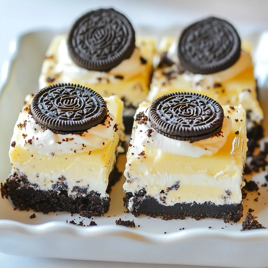 - 24 Oreo cookies, finely crushed - 4 tablespoons unsalted butter, melted - 2 cups cream cheese, softened - 1 cup powdered sugar, sifted - 1 teaspoon pure vanilla extract - 1 cup heavy whipping cream, cold - 10 Oreo cookies, roughly chopped - Additional Oreo cookies for garnishing For these no-bake Oreo cheesecake bars, you need just a few simple items. Start with 24 Oreo cookies. Crush them finely to create the base. You will also need 4 tablespoons of melted unsalted butter to mix with those crushed cookies. This creates a tasty crust. Next, grab 2 cups of softened cream cheese. It should be soft enough to blend easily. You’ll also use 1 cup of sifted powdered sugar, which adds sweetness. Don’t forget 1 teaspoon of pure vanilla extract for flavor. Now for the cream! You need 1 cup of cold heavy whipping cream. This makes the cheesecake light and fluffy. Lastly, use 10 roughly chopped Oreo cookies to add fun chunks inside the bars. You can also keep extra Oreos for garnishing on top. With these ingredients, you can craft a delicious treat. Each element plays a vital role in making this dessert rich and satisfying. {{ingredient_image_2}} To start, grab a medium bowl. Combine 24 finely crushed Oreo cookies with 4 tablespoons of melted unsalted butter. Mix well until all crumbs are coated. Next, take this mixture and press it firmly into a 9x9 inch baking dish. This will form your crust. Make sure it is even and compact. After that, place the dish in the refrigerator to chill while you make the filling. In a large mixing bowl, add 2 cups of softened cream cheese. Beat it with an electric mixer until it is smooth. Then, gradually mix in 1 cup of sifted powdered sugar. Keep mixing until the sugar is fully blended in. Finally, add 1 teaspoon of pure vanilla extract and mix again until everything is smooth and creamy. Now, take a separate bowl and pour in 1 cup of cold heavy whipping cream. Using the electric mixer, whip the cream until stiff peaks form. This means the cream should stand tall when you lift the beaters out. It should not fall back down. Once your whipped cream is ready, gently fold it into the cream cheese mixture. Use a spatula to combine them without losing the fluffiness. After that, fold in 10 roughly chopped Oreo cookies. Make sure they are evenly mixed into the filling for tasty surprises in every bite. Now it’s time to put it all together. Take the chilled crust from the fridge and spread the cheesecake filling on top. Use a spatula to smooth it out evenly. Cover the baking dish with plastic wrap and return it to the refrigerator. Let it chill for at least 4 hours. This cooling time helps the bars set. After they are firm, cut them into rectangular bars. For a nice touch, crumble extra Oreo cookies on top before serving. Enjoy your no-bake Oreo cheesecake bars! To get the best texture, start with room temperature cream cheese. Cold cream cheese clumps up and does not mix well. Leave it out for about 30 minutes before you start. This will help it become creamy and smooth. Whipping cream is another key step. Use cold heavy cream for the best results. When you whip it, go slow at first. Gradually increase the speed until you see stiff peaks. This means the cream holds its shape and adds fluffiness to your cheesecake. Once your cheesecake bars are ready, you can get creative! For garnishing, crumble extra Oreo cookies on top. This adds a nice crunch and looks pretty too. You can also drizzle some chocolate or caramel sauce for extra flavor. Pair these bars with a cold glass of milk or a hot cup of coffee. The rich flavors complement each other well, making every bite a delight. One common mistake is overmixing the whipped cream. If you mix it too long, it can become grainy and lose its lightness. Mix just until you see stiff peaks and then stop. Another mistake is not chilling the bars long enough. Chilling helps the cheesecake firm up. Aim for at least four hours in the fridge. If you skip this step, the bars can be too soft and messy when you cut them. Pro Tips Chill Your Tools: For an even fluffier whipped cream, chill your mixing bowl and beaters in the refrigerator for about 15 minutes before whipping the cream. Use Room Temperature Ingredients: Ensure your cream cheese is softened to room temperature for a smooth and lump-free cheesecake filling. Don't Skip the Chilling: Allowing the cheesecake bars to chill for a full 4 hours is crucial for achieving the perfect texture and firmness. Experiment with Toppings: Feel free to add your favorite toppings such as chocolate drizzle or whipped cream to elevate the presentation and flavor. {{image_4}} You can easily change the flavor of your no-bake Oreo cheesecake bars. One way is to add fruit purees. For example, mixing in strawberry or raspberry puree gives a fresh twist. You can also top the bars with fresh fruit like berries or banana slices. This adds color and flavor. Using different types of cookies can also change the taste. Instead of Oreos, try using chocolate wafer cookies or even graham crackers. Each cookie will give a unique flavor to the crust. If you want a minty taste, use mint Oreos. The options are endless! If you need gluten-free options, you can find gluten-free Oreo cookies. These will work just as well in your recipe. You can also use gluten-free cookie crumbs to make the crust. This way, everyone can enjoy the treat. For vegan modifications, swap out cream cheese for a plant-based version. There are many tasty vegan cream cheeses available now. Use coconut cream instead of heavy whipping cream. These changes will give you a rich and creamy dessert that everyone can love! To keep your no-bake Oreo cheesecake bars fresh, store them in the fridge. Place the bars in a covered container. This keeps the cheesecake moist and prevents it from absorbing other smells. If you have leftovers, make sure to cut them into squares first. This makes it easier to grab a piece later. Yes, you can freeze these bars! Wrap them tightly in plastic wrap and then in foil. This helps to keep them fresh for up to three months. To thaw, place the bars in the fridge overnight. This way, they will regain their creamy texture. Avoid thawing them at room temperature, as it can make them too soft. Enjoy your delicious treats even longer! No-bake Oreo cheesecake bars last about 5 days in the fridge. Keep them covered to stay fresh. If you want to store them longer, you can freeze them. In the freezer, they last up to 2 months. Just wrap them well in plastic wrap before freezing. When ready to eat, let them thaw in the fridge overnight. Yes, you can use other cookies! Here are some fun options: - Chocolate sandwich cookies for a similar taste. - Graham crackers for a lighter crust. - Vanilla wafers for a different flavor. Each cookie adds a unique twist to your cheesecake bars. Feel free to experiment! To cut cheesecake bars cleanly, follow these tips: - Use a sharp knife to avoid tearing. - Warm the knife in hot water, then dry it before cutting. - Clean the knife between cuts for neat slices. These steps help you get those perfect, pretty bars every time! These no-bake Oreo cheesecake bars are easy and fun to make. We covered each step from the crust to the filling. Remember, room-temperature cream cheese helps your bars turn out smooth and creamy. Avoid overmixing the whipped cream for the best texture. Customize your bars with fruit or different cookies for more flavors. Store leftovers in the fridge or freeze them for later. Enjoy every sweet bite of these Oreo cheesecake bars!