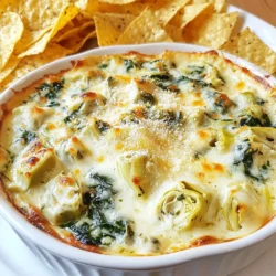 - 1 cup frozen spinach, fully thawed and excess moisture squeezed out - 1 can (14 oz) artichoke hearts, drained and coarsely chopped - 1 cup cream cheese, softened to room temperature - 1/2 cup sour cream - 1/2 cup mayonnaise - 1 cup shredded mozzarella cheese - 1/2 cup grated Parmesan cheese - 2 cloves garlic, finely minced - 1/2 teaspoon onion powder - 1/2 teaspoon optional red pepper flakes for heat - Salt and freshly ground black pepper to taste - Tortilla chips or sliced baguette for serving The cream cheese gives this dip a rich base. It creates a nice, creamy texture that blends well with other ingredients. Sour cream adds a slight tang, while mayonnaise boosts the creaminess. The mozzarella cheese melts beautifully, making it stretchy. Grated Parmesan brings a sharp, salty note. Garlic provides a punch of flavor, and onion powder adds depth. Red pepper flakes can add a nice touch of heat. Using frozen spinach is easy and saves time. Just thaw and squeeze out the moisture. Fresh spinach works too, but you need to cook it down first. Canned artichokes are great for this dip. They are tender and full of flavor. If you want, you can use fresh artichokes, but they require more prep work. Overall, frozen spinach and canned artichokes are best for quick and easy cooking. {{ingredient_image_2}} Start by gathering all your ingredients. You need frozen spinach, artichoke hearts, cream cheese, sour cream, mayonnaise, mozzarella, Parmesan, garlic, onion powder, salt, pepper, and optional red pepper flakes. First, preheat your oven to 350&deg;F (175&deg;C). This makes sure your dip bakes evenly. Next, take a large bowl. In it, mix the softened cream cheese, sour cream, and mayonnaise. Use a spatula or hand mixer. Keep mixing until it&rsquo;s smooth with no lumps. Now, it's time to add the fun stuff. Fold in the thawed spinach and the chopped artichoke hearts. Then, toss in the minced garlic, mozzarella, and Parmesan cheese. Mix gently so everything combines well. Don&rsquo;t forget to season the mixture! Add onion powder, optional red pepper flakes, salt, and pepper. Stir carefully until all flavors blend together. With your dip ready, spoon it into a greased baking dish. Use a spatula to smooth the top. This helps it bake evenly. Place the dish in your preheated oven. Bake for 25-30 minutes. Watch for bubbling and a nice golden brown top. This baking time ensures a creamy texture inside and a crispy top. Once baked, take the dish out of the oven carefully. Let it cool for a few minutes. This helps it set slightly, making it easier to scoop. Before serving, sprinkle some extra grated Parmesan cheese on top. Add a few sprigs of fresh parsley for color. Serve warm with tortilla chips or sliced baguette. Enjoy your creamy spinach artichoke dip! To make your dip creamy, start with softened cream cheese. If it&rsquo;s too cold, it won&rsquo;t blend well. Mix the cream cheese, sour cream, and mayonnaise until smooth. Use a hand mixer or spatula to avoid lumps. Fold in the spinach and artichokes gently. This keeps the texture light and airy. Seasoning is key for flavor. Use fresh black pepper and a good pinch of salt. I like to add onion powder for depth. If you want some heat, red pepper flakes work well. Taste your mixture before baking. Adjust the seasoning as needed. Oven times can vary. For most ovens, bake at 350&deg;F for 25 to 30 minutes. Look for bubbles and a golden top. If your oven runs hot, check it at 20 minutes. If it&rsquo;s cooler, it may need a few extra minutes. Always let it cool for a few minutes before serving. This helps set the dip perfectly. Pro Tips Use Fresh Spinach: For a vibrant flavor and texture, consider using fresh spinach instead of frozen. Just saut&eacute; it briefly before adding to the mixture. Customize the Cheese: Feel free to mix different types of cheese like cheddar or gouda for a unique flavor twist that suits your taste. Make Ahead: Prepare the dip a day in advance and store it in the refrigerator. Just bake it when you&rsquo;re ready to serve! Serve with Variety: Besides tortilla chips, offer a selection of veggies like celery sticks or bell pepper slices for a healthier dipping option. {{image_4}} You can easily adapt this creamy spinach artichoke dip for various diets. Here are some options: - Gluten-Free: Use gluten-free tortilla chips or veggie sticks. - Dairy-Free: Replace cream cheese, sour cream, and mayo with plant-based alternatives. - Vegan: Choose vegan cheese and use nutritional yeast for a cheesy flavor. These adjustments still keep the dip rich and tasty! Want to spice up your dip? Consider these fun options: - Spicy Kick: Add more red pepper flakes or some diced jalape&ntilde;os. - Herbs: Mix in fresh herbs like basil or cilantro for a fresh taste. - Cheese Variety: Swap mozzarella for pepper jack or gouda for a different flavor. These tweaks can make your dip unique and exciting! You can serve this dip for many events. Here are some ideas: - Parties: Pair it with tortilla chips and sliced baguette for easy snacking. - Game Day: Serve it with crunchy veggies like carrots and celery for a healthy touch. - Holidays: Add a festive garnish, like pomegranate seeds, for a pop of color. These serving ideas can fit any occasion and impress your guests! To store leftover spinach artichoke dip, follow these steps: - Let the dip cool to room temperature. - Place it in an airtight container. - Seal the container tightly to keep air out. - Store it in the fridge for up to four days. Keeping it in a sealed container helps maintain its creamy texture and flavor. Reheating your dip properly helps it taste fresh. Here&rsquo;s how: - Oven Method: Preheat your oven to 350&deg;F (175&deg;C). Place the dip in an oven-safe dish and cover it with foil. Bake for about 15-20 minutes. Remove the foil for the last 5 minutes to get a nice top. - Microwave Method: Transfer the dip to a microwave-safe bowl. Heat it in short bursts, stirring in between, until hot. This method is quick but may change the dip's texture slightly. Both methods warm the dip and enhance its cheesy goodness. Freezing spinach artichoke dip is a great way to keep it longer. To do this: - Let the dip cool completely. - Scoop it into freezer-safe bags or containers. - Flatten the bags to save space and remove as much air as possible. - Label and date the bags before placing them in the freezer. You can freeze the dip for up to three months. When you&rsquo;re ready to enjoy it, thaw it in the fridge overnight. Reheat as mentioned above for the best taste. Yes, you can make this dip ahead of time. Prepare the dip and store it in the fridge. Cover it tightly to keep it fresh. You can bake it later. Just remember to let it warm up a bit before baking. I love using tortilla chips or sliced baguette. They add a nice crunch. You can also try veggie sticks like carrots and celery. Pita chips work well too. Choose what you enjoy most! Yes, fresh spinach works great! Just wash and chop it before use. Saut&eacute; the spinach for a few minutes to wilt it. This helps to remove some moisture. Then, mix it into the dip as you would with frozen spinach. This blog post guides you through making creamy spinach artichoke dip. We covered ingredients, mixing, baking, and storage. You learned tips for texture and seasoning, along with variations for different diets. Remember to store leftovers properly for the best taste. Cooking can be fun and rewarding. Enjoy sharing this dip at your next gathering!
