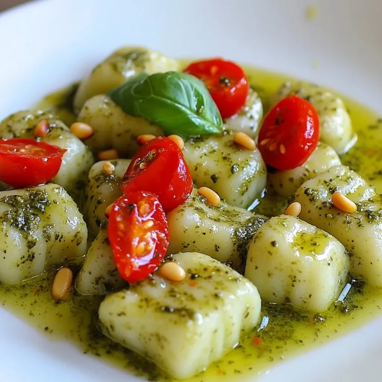 - 500g potato gnocchi - 1 cup fresh basil leaves - 2 cloves garlic - ¼ cup toasted pine nuts - ½ cup freshly grated Parmesan cheese - ½ cup heavy cream - 2 tablespoons extra virgin olive oil - Salt and freshly ground black pepper - Optional garnish: Halved cherry tomatoes Using the right ingredients makes the dish shine. Start with 500g of potato gnocchi. This delightful pasta is soft and pillowy. Next, grab 1 cup of fresh basil leaves. Fresh basil gives that bright, herbal taste. You will also need 2 cloves of garlic. Garlic adds a punch of flavor. For a nutty touch, use ¼ cup of toasted pine nuts. Toasting them brings out their flavor. You can't forget the cheese! Use ½ cup of freshly grated Parmesan cheese for richness. A creamy sauce needs ½ cup of heavy cream. This makes everything smooth and luscious. Also, have 2 tablespoons of extra virgin olive oil. This helps blend the pesto and adds depth. Don’t skip the salt and freshly ground black pepper. They enhance all the flavors. Finally, for a pop of color, consider halved cherry tomatoes as an optional garnish. This adds freshness and charm to your plate. Gather these ingredients to create a creamy pesto gnocchi that delights the senses. {{ingredient_image_2}} 1. In a food processor, combine: - 1 cup fresh basil leaves - 2 cloves garlic, peeled - ¼ cup toasted pine nuts - ½ cup freshly grated Parmesan cheese 2. Pulse the mixture until it is finely chopped. 3. With the processor running, slowly add: - 2 tablespoons extra virgin olive oil 4. Blend until smooth. Taste and season with salt and freshly ground black pepper. 1. Bring a large pot of salted water to a boil. 2. Add 500g potato gnocchi to the pot. 3. Cook the gnocchi until they float, about 2-3 minutes. 4. Drain the gnocchi and reserve some starchy water. 1. In a large skillet over medium heat, pour in: - ½ cup heavy cream 2. Stir in the prepared pesto and mix well. 3. Heat the sauce for 2-3 minutes until creamy. 1. Use a slotted spoon to transfer the cooked gnocchi to the skillet. 2. Toss gently to coat the gnocchi in the sauce. 3. If needed, adjust the sauce's thickness by adding reserved starchy water. To make the best pesto, fresh ingredients are key. Aim for bright green basil leaves with no browning. These leaves give your pesto a vibrant flavor. When making pesto, toasting pine nuts can enhance their taste. Simply place them in a dry pan over low heat. Stir often until they turn golden brown. This step adds a rich, nutty flavor to your dish. Cooking gnocchi is simple. Bring a large pot of salted water to a boil. Add the potato gnocchi and watch them closely. They are ready when they float to the surface. This floating rule is your best test. If you overcook them, they can turn mushy. Aim for firm, pillowy gnocchi that holds sauce well. After you mix the pesto with cream, check the sauce's thickness. If it feels too thick, add some reserved pasta water. This starchy water helps thin out the sauce while keeping it creamy. For an even richer texture, consider adding more heavy cream. This creates a smooth, luxurious sauce that envelops your gnocchi perfectly. Pro Tips Fresh Basil is Key: Use fresh basil leaves for the best flavor in your pesto. Dried basil won't provide the same vibrant taste. Toasting Pine Nuts: Toast the pine nuts in a dry skillet over medium heat for a few minutes to enhance their flavor before adding them to the pesto. Reserve Pasta Water: Always save a little pasta water before draining the gnocchi. It’s great for adjusting the consistency of your sauce. Garnish for Color: Adding halved cherry tomatoes not only adds color to your dish but also a fresh burst of flavor that complements the creamy pesto. {{image_4}} You can add proteins to your creamy pesto gnocchi for more flavor and nutrition. - Grilled chicken or shrimp: These options add a nice bite and taste. Simply grill them, slice, and mix into the dish. - Sautéed mushrooms for a vegetarian option: Mushrooms bring a rich, earthy flavor. Cook them in a bit of olive oil until golden, then stir them in. Adding vegetables can make your dish more colorful and healthy. - Spinach or kale for added nutrients: These greens are great for a boost. Sauté them briefly in the same pan before adding the cream sauce. - Peas or asparagus for color: Peas add sweetness, while asparagus gives a nice crunch. Just blanch them first to keep their bright color. You can change your pesto to keep things fresh and fun. - Swap basil for spinach or arugula: Spinach makes it milder, while arugula adds a peppery punch. Both are tasty alternatives. - Use store-bought pesto for convenience: If time is tight, grab a jar. It’s a quick way to enjoy the flavor without the prep work. Store any leftover creamy pesto gnocchi in an airtight container. This keeps the dish fresh. It tastes best when eaten within 2-3 days. The flavors will stay nice for this time. After that, it may lose some taste and texture. You can freeze gnocchi before cooking them. This gives you a longer shelf life. Just place them in a freezer-safe bag. Pesto can also be frozen. Pour it into ice cube trays for easy use later. When you want some, just pop out a cube and thaw it. To reheat the gnocchi, gently warm them on the stovetop. You can add a splash of cream or water. This helps restore the creamy consistency. Stir it slowly to keep the gnocchi whole. Enjoy it warm, just like when you first made it! Yes, you can make this dish gluten-free by choosing gluten-free gnocchi. Many brands offer gluten-free options made from rice or corn. Look for these at your local grocery store. You can also make gnocchi from scratch using gluten-free flour. This way, everyone can enjoy creamy pesto gnocchi! To store leftovers, place the creamy pesto gnocchi in an airtight container. Keep it in the fridge for up to 2-3 days. When you’re ready to eat, gently reheat it on the stovetop. Add a splash of cream or water to help restore the creamy texture. Pesto is a versatile sauce. You can use it in many dishes. Try it with pasta, chicken, or fish. It also works well in sandwiches or as a dip. For a fun twist, mix pesto into scrambled eggs or drizzle it over roasted veggies. The options are endless! To sum up, we explored a delicious creamy pesto gnocchi recipe. You learned about the key ingredients, easy steps to cook, and helpful tips for perfecting your dish. Plus, we discussed tasty variations for proteins and veggies. With proper storage advice, you can enjoy leftovers later. Embrace your inner chef, and feel free to experiment with flavors. Your next meal can be both fun and satisfying! Just remember, fresh ingredients lead to the best taste. Enjoy and happy cooking!