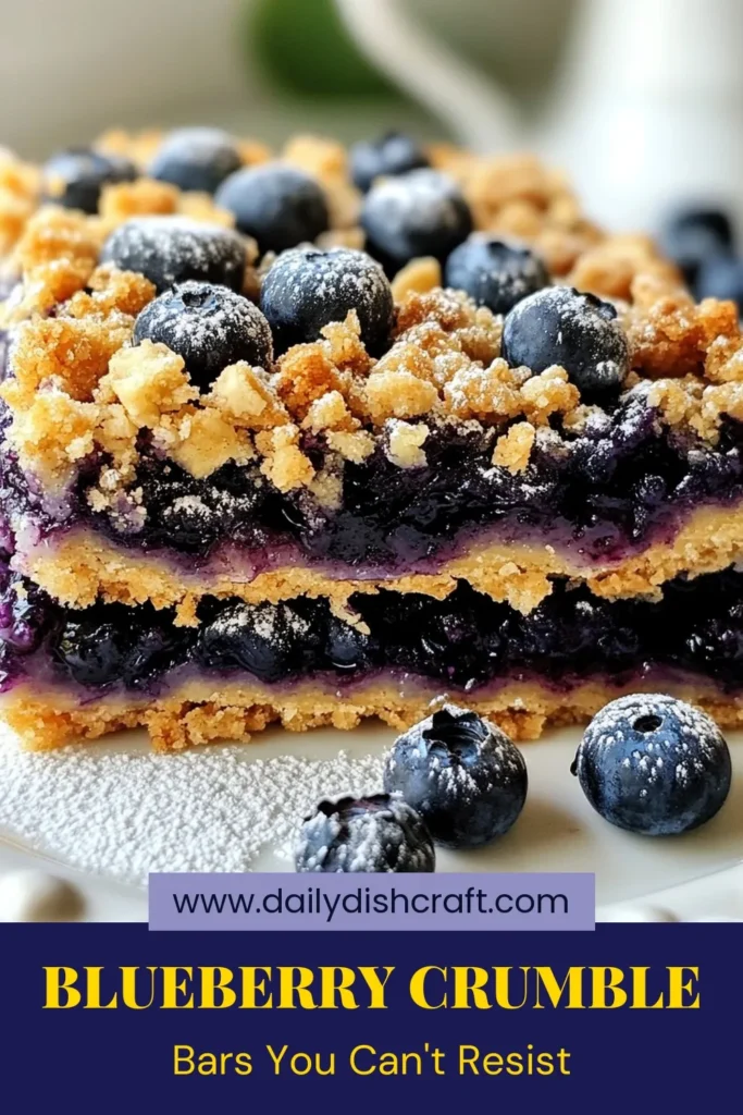 Indulge in these delicious blueberry crumble bars! This easy blueberry dessert recipe is perfect for any occasion, featuring fresh blueberries and a buttery crumb. These homemade crumble bars are simple to make and are sure to impress. Perfect as fruit dessert bars, our blueberry bar recipe yields 16 servings of sweet goodness. Try it today and elevate your dessert game! Save this recipe for later! #BlueberryCrumbleBars #EasyDessert #FruitDessert #HomemadeCrumbleBars