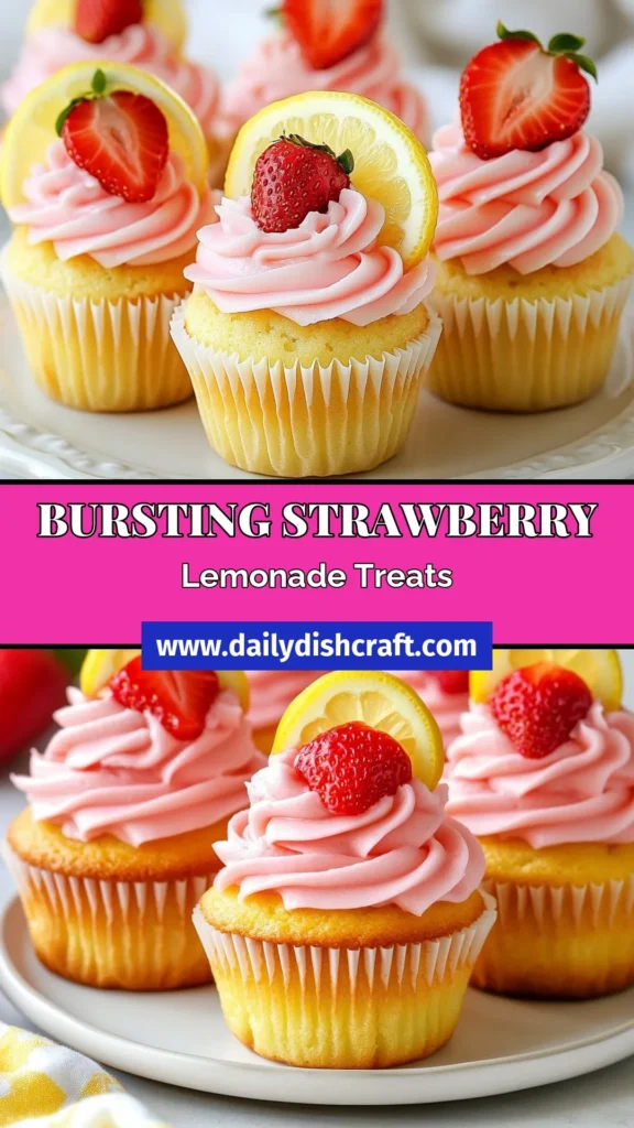 Indulge in these delightful Strawberry Lemonade Cupcakes that blend the sweetness of fresh strawberry cupcakes with zesty lemon flavor. This easy lemonade cupcake recipe features a moist lemon cupcake base topped with a creamy strawberry frosting. Perfect for any occasion, these treats are sure to impress! Want to bake your own? Click for the full Strawberry Frosting Recipe and elevate your dessert game! #StrawberryLemonade #CupcakeRecipe #LemonCupcakes #FreshStrawberries