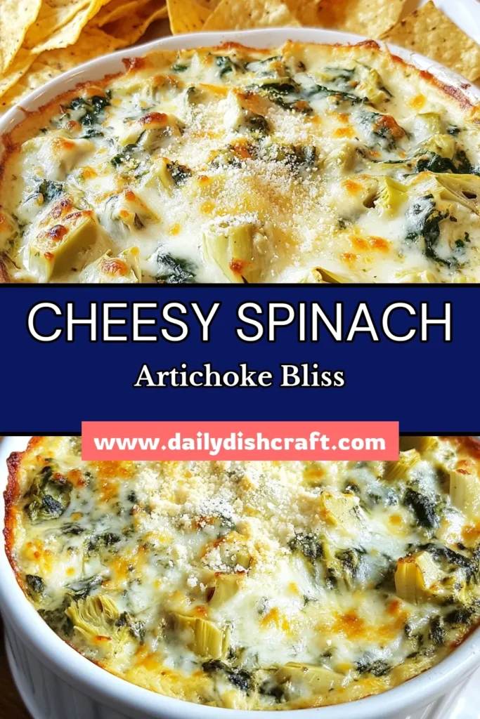 Indulge in this cheesy spinach artichoke dip, the ultimate spinach artichoke appetizer that's perfect for any gathering! This warm cheese dip recipe combines creamy spinach with artichokes for a mouthwatering party dip. Easy to make and sure to impress, it&rsquo;s the perfect companion for tortilla chips or sliced baguette. Don't miss out on this creamy spinach dip&mdash;save this recipe for your next event! #SpinachArtichokeDip #PartyDip #CheesyDip #SnackRecipes