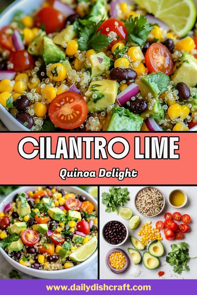 Elevate your meals with this refreshing Cilantro Lime Quinoa Salad! This healthy quinoa salad features vibrant ingredients like cherry tomatoes, black beans, and creamy avocado, all tossed in a zesty lime dressing. Perfect as a light lunch or a nutritious side dish, this vegetarian quinoa recipe is a crowd-pleaser. Save this recipe for your next gathering and enjoy the burst of flavors! #CilantroLimeQuinoaSalad #QuinoaSaladRecipe #HealthyQuinoaSalad #VegetarianQuinoaRecipe
