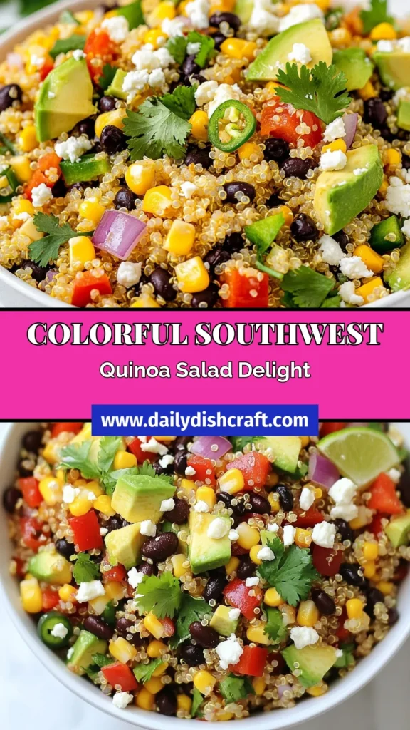Discover a delicious and vibrant Southwest Quinoa Salad that's perfect for any meal! This healthy quinoa recipe is loaded with black beans, corn, fresh veggies, and flavor. Perfect as a vegetarian quinoa salad, it's one of the best easy quinoa salad recipes you&rsquo;ll ever try. Get ready to enjoy a nutritious dish that's sure to impress. Save this recipe for your next cookout! #SouthwestQuinoaSalad #HealthyQuinoaRecipes #VegetarianQuinoaSalad #EasyQuinoaSaladRecipes