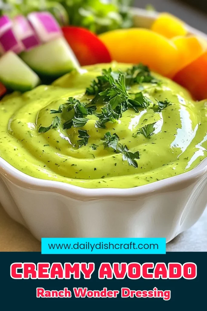 Discover the perfect blend of flavors with this creamy avocado ranch dressing. Made with ripe avocados and Greek yogurt, it's a must-try for healthy avocado recipes and homemade salad dressings. This easy avocado recipe elevates any meal and can even be used as a dip. Whip up this delicious dressing in just 10 minutes! Don’t forget to save this recipe for a quick, healthy addition to your salads. #AvocadoRecipes #HealthyDressings #SaladDressing #EasyRecipes