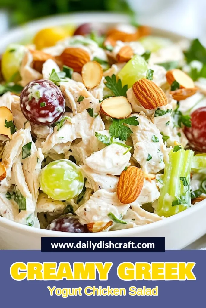 Discover the delightful blend of flavors in this Greek yogurt chicken salad that's perfect for a quick meal! This healthy chicken salad recipe combines tender chicken, crunchy celery, sweet grapes, and a creamy yogurt dressing for a Mediterranean chicken salad you&rsquo;ll love. Enjoy an easy chicken salad with yogurt that's satisfying and wholesome. Perfect for lunches or picnics! Save this recipe now and elevate your dining experience. #GreekYogurtChickenSalad #HealthyChickenSalad #CreamyChickenSalad #MediterraneanChickenSalad