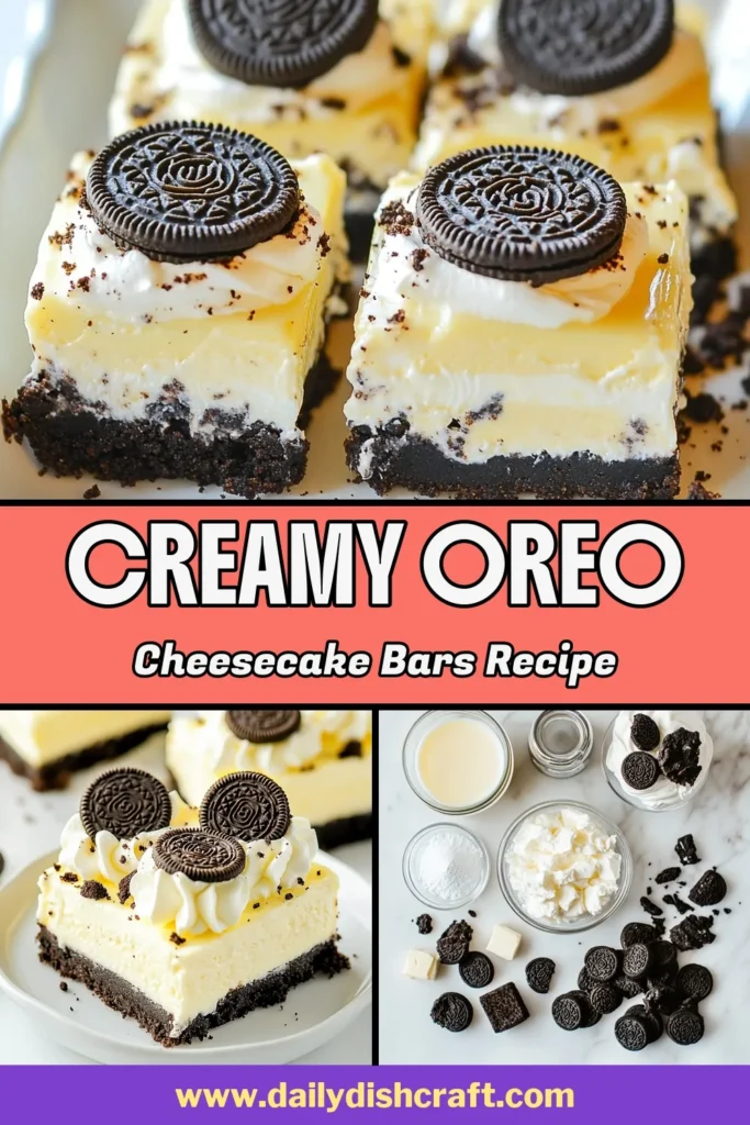 Indulge in these delightful no-bake Oreo cheesecake bars that are perfect for any dessert lover! This easy Oreo cheesecake recipe combines a rich, creamy cheesecake filling with crunchy Oreo cookie crust and chunks, making it a must-try. Ready in just a few simple steps, these dessert bars with Oreos will be the highlight of your gatherings. Treat yourself today and save this recipe! #OreoCheesecake #DessertBars #EasyCheesecake #NoBakeDesserts