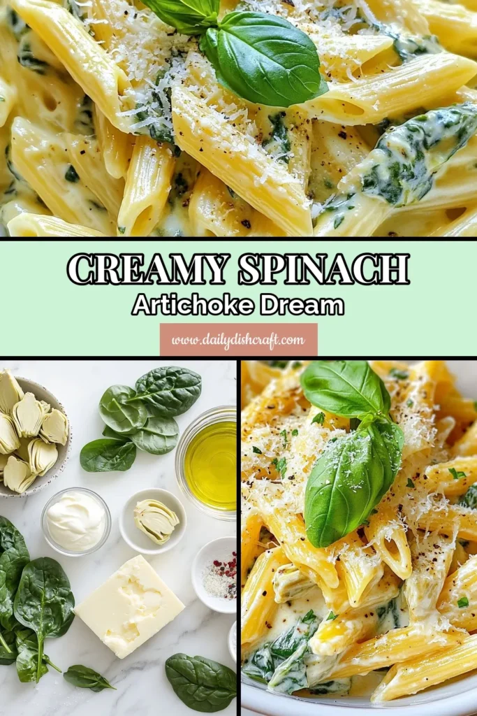 Indulge in this delicious creamy spinach artichoke pasta that's not only an easy pasta recipe but also a perfect vegetarian pasta dish. Made with fresh spinach, artichoke hearts, and a rich creamy pasta sauce, it's a flavor sensation everyone will love. Ready in just 30 minutes! Save this simple recipe for your next dinner. Try it and delight your taste buds! #CreamySpinachArtichokePasta #EasyPastaRecipes #VegetarianPastaDish #CreamyPastaSauce