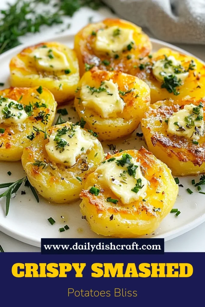 Indulge in these irresistible smashed potatoes with garlic herb butter for a crispy potato recipe that will elevate any meal! With tender roasted baby potatoes topped with a rich and flavorful garlic butter, this dish is perfect for potato lovers. Make these garlic butter potatoes as a side for your next dinner and watch them disappear. Save this recipe for a delicious twist on classic potatoes! #SmashedPotatoes #GarlicHerbButter #CrispyPotatoRecipe #GarlicButterPotatoes