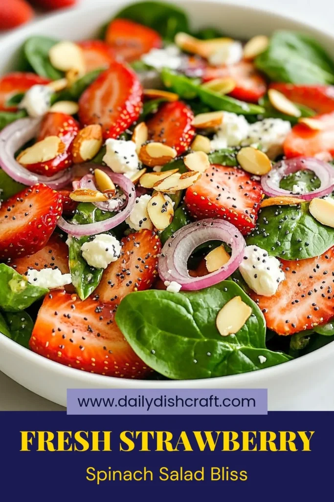 Discover the delightful Strawberry Spinach Poppyseed Salad, a perfect blend of fresh spinach, juicy strawberries, and creamy feta cheese. This poppyseed dressing salad is not only visually stunning but also packed with flavor and nutrition. Whip up this healthy strawberry recipe in just 10 minutes and impress your guests. Save this easy salad idea for your next gathering! #StrawberrySpinachSalad #PoppyseedDressing #FetaCheeseSalad #FreshSpinachRecipes