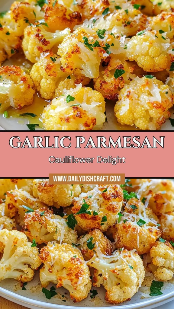 Enjoy a delicious and nutritious side dish with this Garlic Parmesan Roasted Cauliflower recipe! This easy garlic roasted cauliflower is a perfect vegetarian option that's packed with flavor. You'll love how the garlic and Parmesan elevate the roasted cauliflower, making it a healthy cauliflower side dish everyone will adore. Try this simple recipe for a tasty addition to any meal. Save it now for your next dinner! #GarlicParmesanCauliflower #RoastedCauliflowerRecipe #HealthyCauliflower #VegetarianRecipes