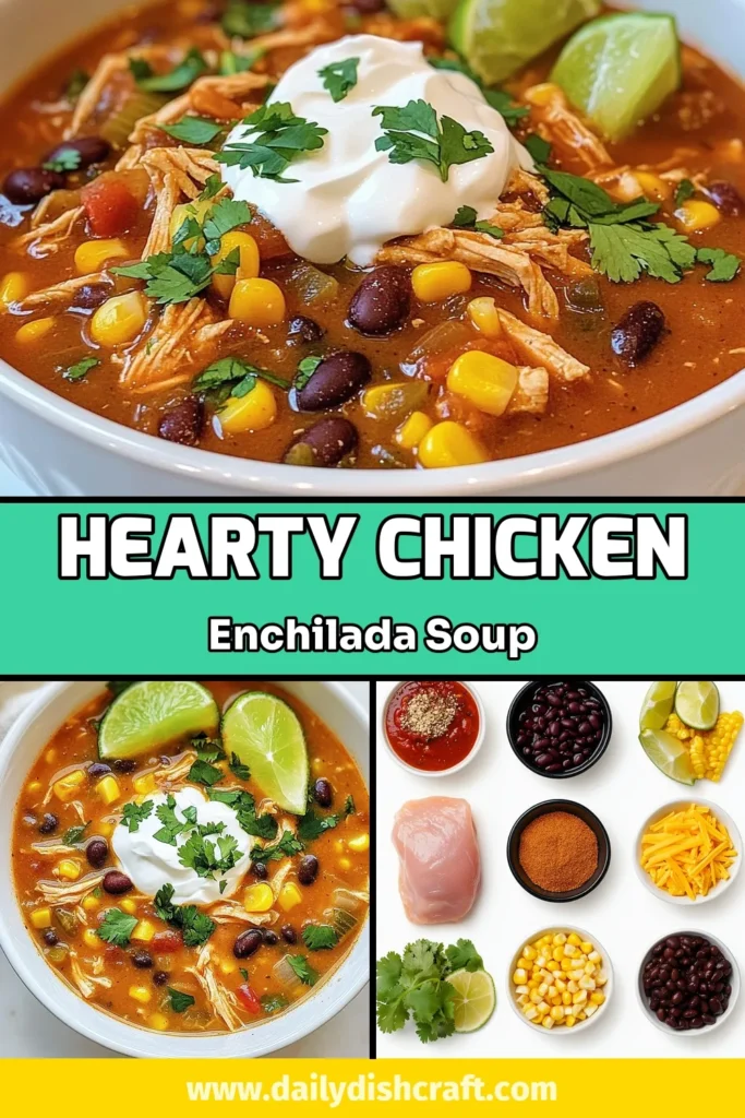 Looking for a delicious chicken enchilada soup recipe? This easy chicken soup is a spicy Mexican chicken soup that's perfect for cozy dinners! Packed with shredded chicken, black beans, and corn, our hearty chicken enchiladas soup is sure to impress. Ready in just 50 minutes, it’s the ultimate comfort food. Don't miss out—save this recipe for your next meal! #chickenenchiladasoup #spicychickensoup #easychickensoup #Mexicanchickensoup