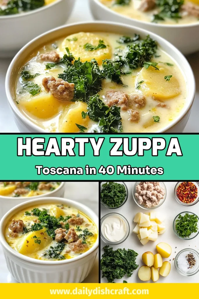 Warm up with this Creamy Turkey Sausage Soup, a healthy twist on the classic Zuppa Toscana Recipe. Packed with crumbled turkey sausage, kale, and tender potatoes, this easy comfort food recipe is perfect for cozy nights. Enjoy a bowl of this delicious Kale and Potato Soup that the whole family will love. Try it today and discover a wholesome way to satisfy your cravings! Save this recipe for later! #ZuppaToscana #TurkeySausage #HealthySoup #ComfortFood