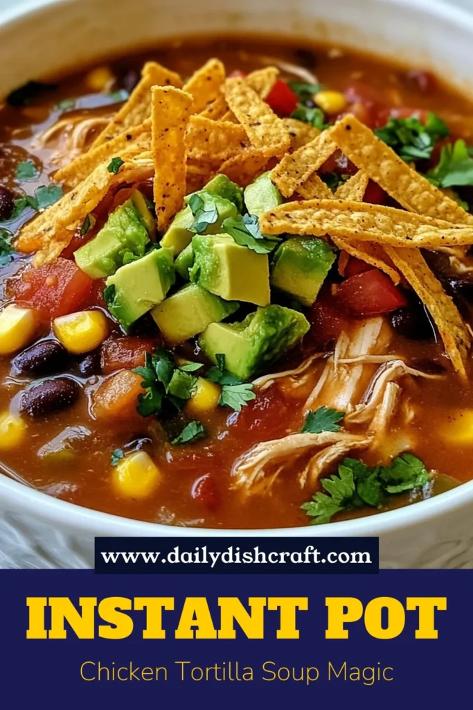 Looking for a delicious and easy tortilla soup recipe? Try this Instant Pot chicken tortilla soup, a perfect blend of hearty ingredients and vibrant flavors. With tender chicken, black beans, and corn, it's ideal for any fiesta! In just 30 minutes, you can whip up this comforting chicken tortilla soup recipe that everyone will love. Save this recipe for your next family dinner! #InstantPot #TortillaSoup #SoupRecipes #EasyRecipes