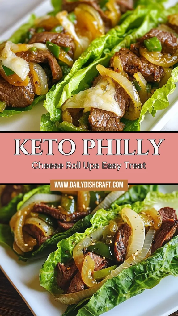 Discover the ultimate low carb Philly cheesesteak recipe with these Keto cheesesteak roll ups! Made with tender ribeye and melted provolone cheese, this easy keto dinner idea is perfect for anyone craving a delicious and nutritious meal. Wrap them in crisp lettuce for delightful ribeye lettuce wraps that are sure to impress. Try this recipe now and elevate your dinner game! Save for later! #KetoRecipe #LowCarb #DinnerIdeas #KetoComfortFood