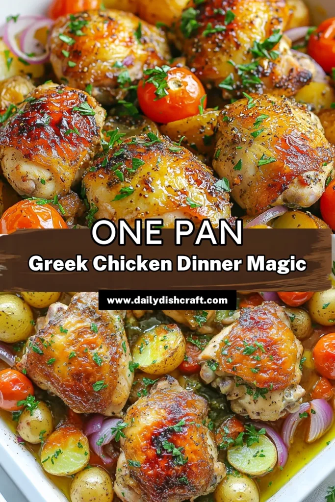 Discover the joy of effortless cooking with this One Pan Greek Chicken and Potatoes recipe! Perfectly seasoned Greek chicken thighs are baked alongside tender baby potatoes and vibrant Mediterranean vegetables for a delicious and filling meal. This easy Greek dinner recipe makes weeknight dinners a breeze. Don't miss out on this oven-baked chicken and potatoes dish—save it now and impress your family! #OnePanGreekChicken #GreekChickenThighsRecipe #OvenBakedChickenAndPotatoes #EasyGreekDinnerRecipe