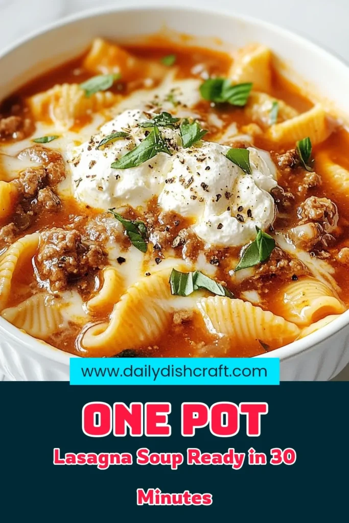 Warm up with this delightful One-Pot Lasagna Soup! This hearty soup recipe combines ground beef, pasta, and creamy ricotta for the ultimate comfort food soup. Easy to make and perfect for any night, this delicious lasagna soup with ricotta is bound to become a family favorite. Ready in just 30 minutes, it&rsquo;s perfect for busy weeknights. Save this lively recipe for your next meal! #LasagnaSoup #ComfortFood #EasyRecipes #OnePotMeals