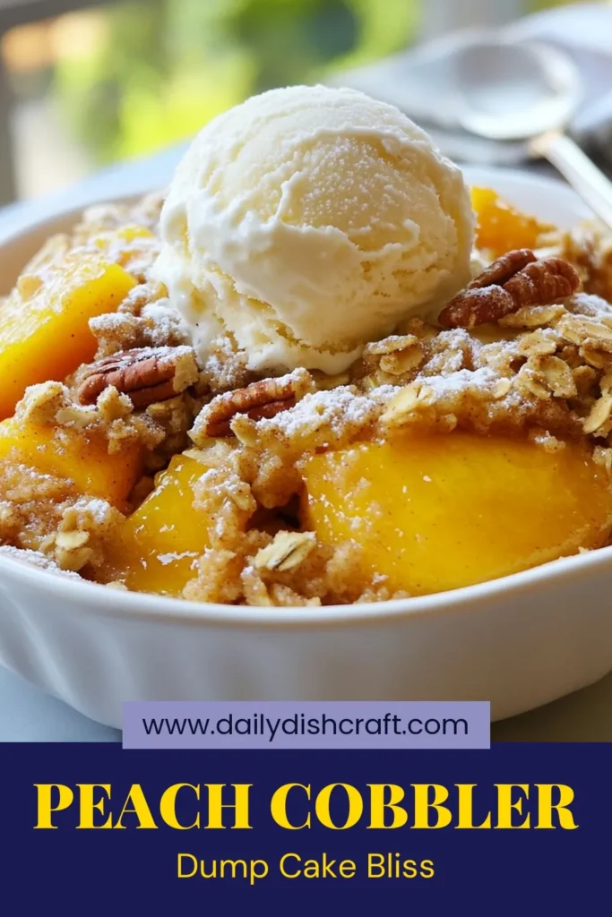 Discover the perfect easy peach dessert recipe with this delightful Peach Cobbler Dump Cake! Combining juicy peaches, yellow cake mix, and rolled oats, this quick cobbler recipe is a must-try. Just mix, bake, and enjoy a warm slice topped with vanilla ice cream. Ideal for any occasion, this peach dessert with oats is irresistibly delicious and a crowd-pleaser. Save this recipe and indulge your sweet tooth today! #PeachCobbler #EasyRecipe #CakeMixDesserts #QuickDessert