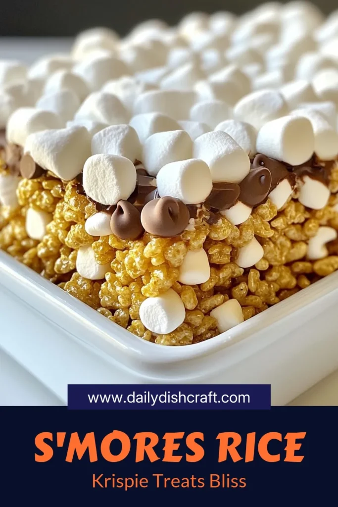 Indulge in the deliciousness of S'mores Rice Krispie Treats! These easy marshmallow treats combine Rice Krispies, chocolate chips, and graham crackers for a no-bake dessert recipe that's perfect for any occasion. You'll love how simple it is to whip up these chocolate marshmallow squares that are sure to impress. Try this delightful recipe today and savor the sweet flavors! Save for later! #SmoreTreats #NoBakeDesserts #EasyMarshmallowTreats #ChocolateMarshmallowSquares