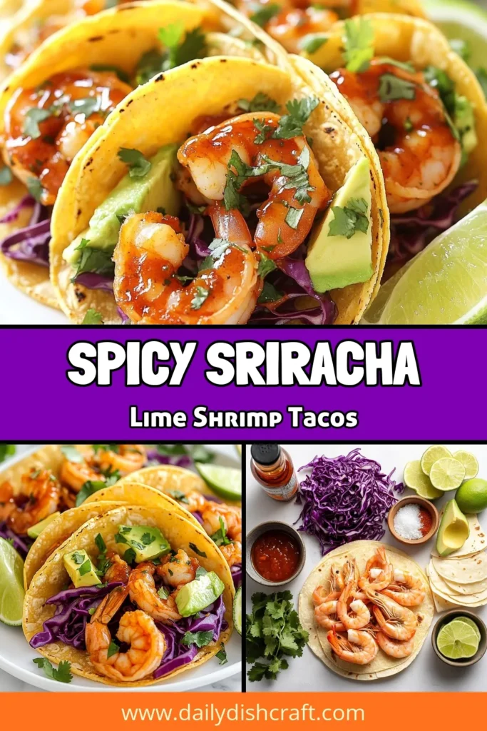 Looking for a delicious and easy shrimp taco recipe? Try these Sriracha Lime Shrimp Tacos! Bursting with flavor, this spicy shrimp taco dish features marinated shrimp, zesty lime, and fresh taco toppings like shredded red cabbage and creamy avocado. Perfect for taco night, these shrimp tacos are sure to impress. Get the full lime shrimp taco recipe now and add some heat to your dinner! #SrirachaShrimpTacos #SpicyShrimpTacos #EasyShrimpTacos #ShrimpTacoToppings