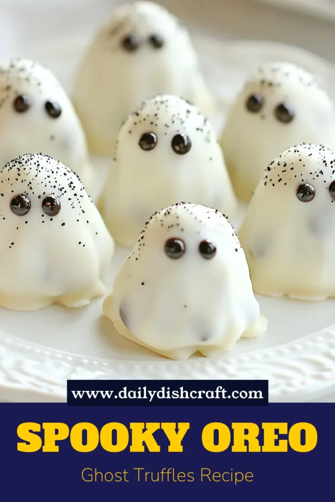 Get ready for a spooky treat with these No-Bake Oreo Ghost Truffles! Perfect for Halloween, these delightful Oreo ghost truffles are so easy to make and require no baking. Creamy and coated in white chocolate, they're ideal as a festive addition to your Halloween dessert recipes. Impress your guests with these fun no-bake Oreo treats that look as good as they taste! Save this recipe for a hauntingly good time! #HalloweenDesserts #OreoGhostTruffles #SpookyTreats #NoBakeRecipes