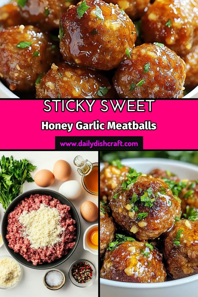 Satisfy your cravings with these delicious honey garlic meatballs! This baked meatball recipe features tender ground turkey meatballs coated in an easy meatball glaze made from a flavorful honey garlic sauce recipe. Perfect as appetizers or served over rice, these meatballs are a hit at any gathering. Try this tasty dish tonight and discover your new favorite meal! Save this recipe for later! #HoneyGarlicMeatballs #BakedMeatballRecipe #EasyMeatballGlaze #GroundTurkeyMeatballs