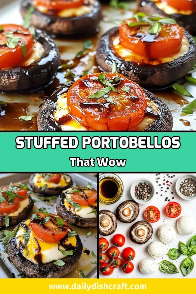 Discover the deliciously vibrant Caprese stuffed portobello mushrooms for a flavorful vegetarian portobello dish. This stuffed mushroom recipe features fresh mozzarella, cherry tomatoes, and basil, all baked to perfection. Perfect for impressing guests or enjoying a quick weeknight meal, this fresh mozzarella caprese recipe is a must-try. Save and click for more mouthwatering dishes! #CapreseStuffedMushrooms #VegetarianRecipes #StuffedMushrooms #MushroomRecipes