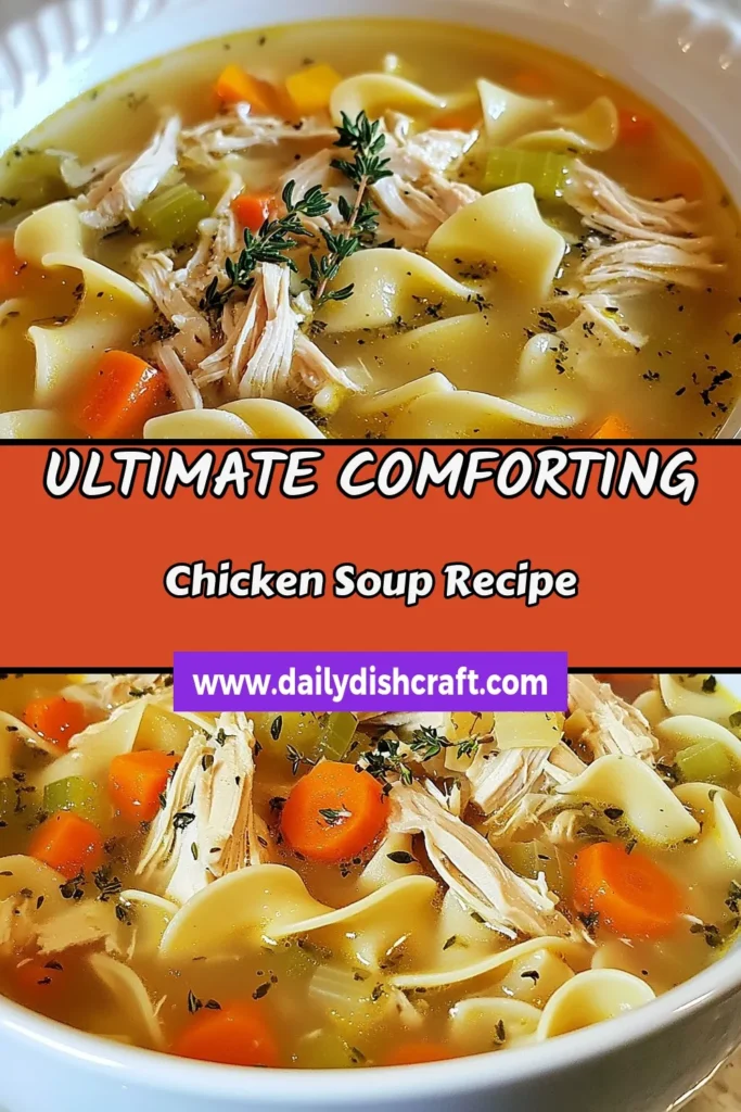 Warm up with this easy chicken noodle soup recipe that's sure to become your go-to for comfort. This homemade chicken soup is loaded with tender chicken, fresh veggies, and egg noodles, making it one of the best chicken noodle soups ever! Perfect for chilly days or when you need a hug in a bowl. Try this comforting soup recipe today and share your delicious results! #ChickenNoodleSoup #ComfortFood #HomemadeSoup #EasyRecipes