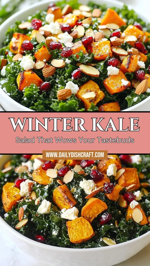 Discover the perfect Winter Kale Salad that&rsquo;s both delicious and nutritious! This Healthy Kale Recipe combines roasted sweet potatoes, vibrant pomegranate seeds, and crunchy almonds for a festive Vegetarian Winter Salad. Ideal for holiday gatherings or cozy nights in, this Roasted Sweet Potato Salad is sure to impress. Try this Pomegranate Salad Recipe today and savor the flavors of winter! Save for later and share your thoughts. #WinterKaleSalad #HealthyKaleRecipes #PomegranateSaladRecipe #VegetarianWinterSalads