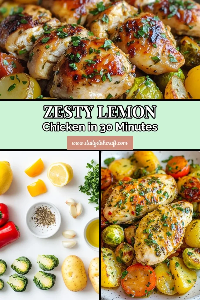Discover the perfect easy chicken dinner with this vibrant Sheet Pan Lemon Herb Chicken and Veggies recipe! This healthy chicken recipe features tender roasted chicken and veggies marinated in a zesty chicken marinade, combining juicy chicken breasts with Brussels sprouts, baby potatoes, and bell peppers. It's a delicious, packed-with-flavor meal that's simple to prepare. Save this recipe for your next weeknight dinner! #LemonHerbChicken #EasyChickenDinner #HealthyRecipe #SheetPanMeals