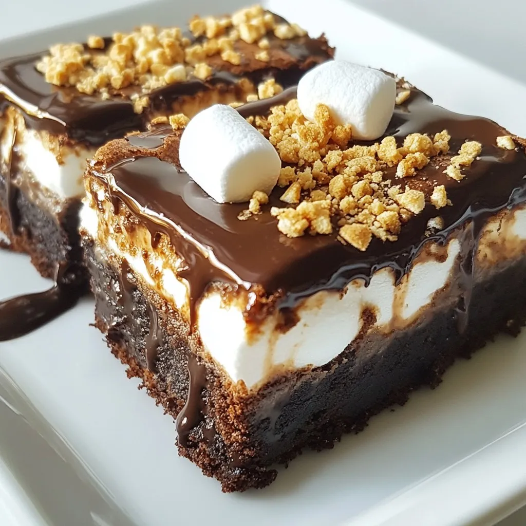 To make S'mores Brownie Bars, you need a few basic ingredients. Here’s a list to help you gather everything: - 1 cup unsalted butter - 2 cups granulated sugar - 4 large eggs - 1 teaspoon vanilla extract - 1 cup all-purpose flour - 1 cup unsweetened cocoa powder - 1/2 teaspoon baking powder - 1/2 teaspoon salt - 1 cup semi-sweet chocolate chips - 1 cup mini marshmallows - 1 cup graham cracker crumbs These ingredients create a rich, chocolaty base. The butter and sugar add moisture and sweetness. Eggs help bind everything together. Flour and cocoa give the bars their brownie texture. Baking powder makes them rise, while salt enhances the flavor. The chocolate chips add melty goodness. Mini marshmallows bring that classic s'mores taste. Finally, graham cracker crumbs offer crunch and a hint of sweetness. With this mix, you can create a dessert that combines all the joy of s'mores with the richness of brownies. You'll love how these ingredients work together to make a treat that everyone will enjoy! {{ingredient_image_2}} Start by preheating your oven to 350°F (175°C). Grab a 9x13 inch baking pan. Line it with parchment paper, leaving some paper hanging over the edges. This will help you lift out the brownies later. In a medium saucepan, melt 1 cup of unsalted butter over low heat. Stir it often until it is completely melted. Once melted, take the pan off the heat. Add 2 cups of granulated sugar and mix until smooth and well blended. Now, add 4 large eggs one at a time into the butter-sugar mix. Make sure to mix well after each egg. This step is important for a nice texture. Finally, stir in 1 teaspoon of vanilla extract for some added flavor. In a separate bowl, mix 1 cup of all-purpose flour, 1 cup of unsweetened cocoa powder, 1/2 teaspoon of baking powder, and 1/2 teaspoon of salt. Whisk them together until they are evenly combined. Gradually add this dry mix to the wet ingredients. Mix gently to avoid overmixing. Next, fold in 1 cup of semi-sweet chocolate chips. Make sure they are evenly spread throughout the batter. This will give your brownies that rich chocolate flavor. Pour half of the brownie batter into your prepared pan. Use a spatula to spread it evenly. Place the pan in your preheated oven and bake for 20 minutes. After that, take it out and sprinkle 1 cup of graham cracker crumbs over the top. Add 1 cup of mini marshmallows on top of the crumbs. Spoon the remaining brownie batter over the marshmallows. Spread it gently to cover them. Return the pan to the oven for another 25-30 minutes. To check if they're done, use a toothpick. It should come out with moist crumbs, not wet batter. Once baked, let the brownies cool completely in the pan. Use the parchment paper to lift them out and cut into squares for serving. To make the best s'mores brownie bars, follow these tips: - Use room temperature ingredients: This helps the butter and eggs mix well. - Don’t overmix: Mix until just combined. Overmixing can make the brownies tough. - Layer wisely: Add the graham cracker crumbs and marshmallows evenly. This gives each bite the perfect balance of flavors. - Check for doneness: Insert a toothpick into the center. It should come out with moist crumbs, not wet batter. Here are some common pitfalls: - Skipping parchment paper: This makes it hard to lift the brownies out. Always line your pan! - Not cooling completely: Brownies need time to set. If you cut them too soon, they may fall apart. - Using cold eggs: Cold eggs don’t mix well. Let them sit out for a bit before using. - Forget to measure: Baking is a science. Measure your ingredients carefully for the best results. Serve your s'mores brownie bars in style: - Drizzle chocolate sauce: This adds a rich touch. - Sprinkle crushed graham crackers: It gives a nice crunch and looks great. - Add whipped cream: A dollop on the side makes it even more special. - Pair with ice cream: Vanilla ice cream complements the warm brownies perfectly. Enjoy these tips for a fun and tasty treat! Pro Tips Butter Temperature: Ensure your butter is at room temperature for easier mixing and a smoother batter. Chocolate Chips: For a more decadent flavor, try using a mix of semi-sweet and dark chocolate chips. Marshmallow Toasting: For a toasted marshmallow flavor, broil the brownie bars for the last minute of baking, keeping a close eye to prevent burning. Cooling Time: Allow the brownies to cool completely before cutting to achieve clean, neat squares. {{image_4}} Want to add a crunch? Try nuts! Chopped walnuts or pecans work great. Mix in half a cup of nuts when you fold in the chocolate chips. The nuts give the bars a nice texture and flavor. You can even toast the nuts first for a richer taste. Need a gluten-free treat? Swap the all-purpose flour for almond flour or a gluten-free baking mix. Make sure your graham cracker crumbs are gluten-free too. This way, you still get that s'mores flavor without the gluten. To make these brownie bars vegan, replace eggs with flax eggs. Mix one tablespoon of flaxseed meal with three tablespoons of water for each egg. Use coconut oil instead of butter. Choose dairy-free chocolate chips and make sure your graham crackers are vegan. These swaps keep the brownies delicious and plant-based! Store your S'mores brownie bars in an airtight container. This keeps them fresh and tasty. You can place wax paper between layers to prevent sticking. Keep them at room temperature if you plan to eat them within a few days. Freezing is a great way to save extras. Cut the brownie bars into squares first. Wrap each square tightly in plastic wrap. Then, place them in a freezer-safe bag. They can last in the freezer for up to three months. When you're ready to eat, thaw them in the fridge overnight. S'mores brownie bars last about five days at room temperature. To enjoy them warm, you can reheat in the microwave. Heat for about 15 seconds to start. Check to see if they are warm enough. If not, heat for a few more seconds. Enjoy them with a drizzle of chocolate sauce for a special treat! To cut brownie bars, let them cool completely. Use a sharp knife for clean cuts. You can dip the knife in hot water for easier slicing. Wipe the knife between cuts to avoid messy edges. This keeps the bars neat and pretty. Yes, you can use different types of chocolate. Dark chocolate or milk chocolate work well. You can also mix chocolate types to create new flavors. Just remember to keep the ratios similar to the recipe for the best results. To boost the s'mores flavor, add more marshmallows or graham crackers. You can also drizzle some melted chocolate on top for extra sweetness. For a twist, try adding toasted coconut or peanut butter. This adds depth and makes your bars stand out. If your brownie bars are too gooey, bake them a bit longer. Check them with a toothpick; it should have moist crumbs but not wet batter. If they are still gooey after cooling, they may need more time in the oven next time. Now you know how to make tasty s'mores brownie bars. We covered the key ingredients, step-by-step instructions, and helpful tips. You can also try fun variations and learn about storage. Remember, mastering these bars is about practice and using the right methods. Enjoy your baking and share these delicious bars with friends or family. You’ll impress everyone with these sweet treats. Keep experimenting to make them your own. Happy baking!