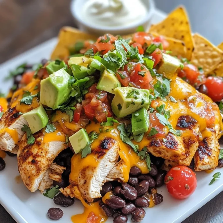 - 2 boneless, skinless chicken breasts - 1 tablespoon olive oil - 1 teaspoon chili powder - 1 teaspoon ground cumin - 1 teaspoon garlic powder - Salt and pepper to taste You need basic ingredients for this dish. Chicken breasts are the star. They are tasty and easy to cook. Olive oil helps the spices stick. Chili powder adds heat. Ground cumin gives depth. Garlic powder adds flavor. Don’t forget salt and pepper for taste. - 1 cup tortilla chips - 1 cup shredded cheddar cheese - 1 cup canned black beans - 1 cup cherry tomatoes - 1 jalapeño (optional) - 1 ripe avocado - Fresh cilantro Toppings make the nacho chicken shine. Tortilla chips add crunch. Shredded cheddar cheese melts beautifully on top. Black beans add protein and fiber. Cherry tomatoes bring freshness. If you like spice, add jalapeño. Avocado gives a creamy texture. Finish with chopped cilantro for color. - Sour cream and salsa for serving Sour cream and salsa are great dips. They add creaminess and zest. You can serve the nacho chicken on the sheet pan. This makes for a fun and casual meal. Enjoy it with family or friends! {{ingredient_image_2}} - Preheat your oven to 400°F (200°C). - Prepare a large sheet pan with parchment paper. This makes cleanup easy. - In a bowl, whisk together olive oil, chili powder, ground cumin, garlic powder, salt, and black pepper. - Coat both chicken breasts with the marinade. Make sure each piece is well covered. - Place the marinated chicken on the sheet pan and bake for 15 minutes. - Carefully take the pan out of the oven. Add tortilla chips around the chicken. - Layer shredded cheese, black beans, and halved cherry tomatoes on top. If you like spice, add sliced jalapeños. - Return the pan to the oven for another 10-12 minutes. The chicken should reach 165°F (74°C) and the cheese should melt. - After baking, let the chicken rest for 5 minutes. This keeps it juicy. - Top the dish with diced avocado and fresh cilantro before serving. - Enjoy with sour cream and salsa on the side! To ensure your chicken is juicy, aim for an internal temperature of 165°F (74°C). Use a meat thermometer for accuracy. After baking, let the chicken rest for 5 minutes. This resting time helps seal in the juices. You will taste the difference when you cut into the chicken. You can adjust spice levels by adding more or less chili powder. If you like it hot, include more jalapeños. For a twist, try adding fresh lime juice or pickled onions. Experiment with toppings like olives or corn for added flavor. Each topping adds its own unique taste. For a fun look, serve directly on the sheet pan. This makes it easy for guests to help themselves. To make it even more appealing, garnish with chopped cilantro and lime wedges. A sprinkle of colorful toppings makes the dish pop. Enjoy the smiles when you present this tasty meal! Pro Tips Marinate for Flavor: Allow the chicken to marinate for at least 30 minutes before baking to enhance the flavor. You can even marinate overnight for a more intense taste. Use Fresh Ingredients: Opt for fresh tomatoes and cilantro for the best flavor and texture. Fresh ingredients can elevate the dish significantly. Layer Wisely: To ensure even cooking, layer the ingredients thoughtfully. Place heavier items like beans and cheese on top of the chicken, allowing them to meld together. Customize Toppings: Feel free to customize your toppings! Add jalapeños, olives, or even corn for extra flavor and texture according to your preference. {{image_4}} If you need gluten-free options, use certified gluten-free tortilla chips. This keeps your meal safe and delicious. For dairy-free alternatives, swap the cheddar cheese for a plant-based cheese. This way, everyone can enjoy the dish. Want to spice things up? Add more jalapeños or a dash of hot sauce. For a milder taste, skip the jalapeños and use sweet bell peppers instead. You can also try different proteins. Swap chicken for ground turkey or even tofu for a vegetarian twist. Each option brings a unique flavor. Use seasonal vegetables to boost freshness. In summer, add corn or zucchini. In fall, try roasted peppers or butternut squash. Adjust toppings for holidays too. For a festive touch, use cranberry salsa or sprinkle pomegranate seeds on top. These small changes make your meal feel special and fun. After enjoying your sheet pan nacho chicken, store leftovers in an airtight container. Make sure the chicken and toppings cool down before sealing. This helps keep them fresh. You can refrigerate leftovers for up to three days. If you want them to last longer, consider freezing. To reheat, use the oven for the best results. Preheat to 350°F (175°C). Place the nacho chicken on a baking sheet and cover it with foil. Heat for about 15 minutes. This method helps the cheese stay melted and the chicken moist. You can also use a microwave, but the texture may not be as good. For creative reuse, try making nacho chicken quesadillas or burritos. Just chop the leftover chicken and mix it with some cheese and beans. To freeze nacho chicken, let it cool completely first. Cut the chicken into pieces and place them in a freezer-safe bag. Add some toppings like beans and cheese. Remove as much air as possible to avoid freezer burn. You can freeze this dish for up to three months. When you are ready to eat, thaw it in the fridge overnight. Then, reheat in the oven or microwave until hot. Enjoy your delicious meal again! You can tell the chicken is done by checking its internal temperature. Use a meat thermometer. The chicken must reach 165°F (74°C). This ensures it is safe to eat. If you don’t have a thermometer, check if the juices run clear. The meat should not be pink inside. Always prioritize safety when cooking chicken. Yes, you can prep the chicken and marinate it in advance. Marinate it for up to 24 hours in the fridge. You can also chop the veggies early. Store them in airtight containers. This saves time on busy days. Just bake the chicken when you are ready. It will still taste fresh and delicious! Several sides go well with this dish. Here are some tasty options: - Mexican rice: Adds a nice base. - Refried beans: Great for added protein. - Corn salad: Fresh and crunchy. - Guacamole: Creamy and full of flavor. - Chips and salsa: A classic combo. These sides enhance the meal and add variety. Enjoy experimenting with different pairings! This blog post guides you in making Sheet Pan Nacho Chicken from start to finish. You learned what ingredients to gather, how to cook the chicken perfectly, and how to present it well. The tips offered help with storage and reheating leftovers. This dish is great for gatherings or a cozy night in. I hope you feel ready to try it. Enjoy the flavors, and make it your own!