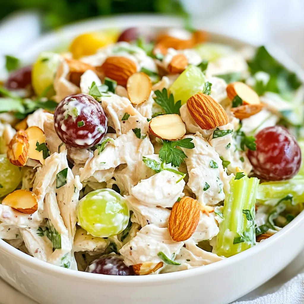 - 2 cups cooked chicken (shredded or diced) - 1 cup plain Greek yogurt - 1/2 cup celery (finely chopped) - 1/2 cup red grapes (halved) - 1/4 cup almonds (sliced) - 1/4 cup green onion (chopped) - 1 tablespoon honey - 1 tablespoon Dijon mustard - 1 tablespoon freshly squeezed lemon juice - Salt and pepper to taste - Fresh herbs (like dill or parsley) The main ingredients create a great base for Greek yogurt chicken salad. The cooked chicken gives it protein. You can use shredded or diced chicken based on your preference. The Greek yogurt adds creaminess and tang. Celery adds crunch. Red grapes bring a sweet bite. Sliced almonds add a nutty flavor and extra texture. Chopped green onion gives a mild onion flavor. The dressing ingredients are simple but effective. Honey brings a touch of sweetness. Dijon mustard adds a nice tang. Freshly squeezed lemon juice gives brightness. Salt and pepper balance all the flavors. You can also add fresh herbs like dill or parsley for a burst of freshness. Each ingredient plays a role in making the salad tasty and healthy. You can mix and match some of these ingredients based on what you have at home. This makes the recipe flexible and fun. Enjoy creating your own version! {{ingredient_image_2}} First, you need to gather all your ingredients. In a large mixing bowl, combine 2 cups of cooked chicken, 1/2 cup of finely chopped celery, 1/2 cup of halved red grapes, 1/4 cup of sliced almonds, and 1/4 cup of chopped green onion. Use a sturdy spoon to mix these ingredients gently. You want to ensure an even blend without breaking up the chicken. Next, in a separate medium bowl, whisk together 1 cup of plain Greek yogurt, 1 tablespoon of honey, 1 tablespoon of Dijon mustard, and 1 tablespoon of freshly squeezed lemon juice. Mix until smooth. This creamy dressing will coat the salad perfectly. Now, carefully pour the yogurt dressing over your chicken mixture. Use a spatula to fold the dressing into the salad. Make sure everything is well-coated. Be gentle, as you don’t want to shred the chicken too much. After mixing, season your salad with salt and freshly cracked pepper. Taste it and adjust to your liking. If you want a sweeter or tangier flavor, add more honey or lemon juice. Once your salad is seasoned, cover the mixing bowl with plastic wrap or a lid. Refrigerate the salad for at least 30 minutes. This chilling time helps the flavors meld together, making each bite even better. Just before serving, give the salad a gentle stir to mix everything again. If you like, garnish with fresh herbs like dill or parsley for a nice touch. This will not only enhance the look but also add a fresh flavor. Choosing the right chicken texture helps your salad shine. You can use shredded or diced chicken. Shredded chicken gives a soft feel, while diced chicken adds bite. Both are tasty, so pick what you like best. Adjusting yogurt thickness can change the salad's creaminess. If you want it thicker, use full-fat Greek yogurt. If you prefer a lighter mix, opt for low-fat yogurt. You can also add a splash of milk to thin it out. Adding more sweetness or tang can make your salad pop. If you want it sweeter, mix in more honey. This sweet touch balances the tang of the yogurt. For more tang, add a bit more lemon juice or Dijon mustard. Experimenting with spice levels can change the whole dish. If you like heat, try adding a pinch of cayenne pepper or some red pepper flakes. This can give your salad a fun kick. Creative serving ideas can impress your guests. Serve the salad on a bed of mixed greens. This adds color and crunch. You can also use a hollowed-out cucumber as a bowl. It’s fun and unique! Garnishing tips for visual appeal can elevate your dish. Sprinkle fresh herbs like dill or parsley on top. A few whole red grapes scattered can also add a pop of color. These simple touches make your salad look as good as it tastes. Pro Tips Use Leftover Chicken: This salad is a perfect way to use up leftover grilled or rotisserie chicken, saving you time and minimizing waste. Create Your Own Flavor: Feel free to experiment with different nuts or add-ins like cranberries or diced apples for unique flavor profiles. Make It Ahead: Prepare the salad a day in advance; the flavors will deepen and develop, making it even tastier. Adjust the Creaminess: If you prefer a lighter version, substitute half the Greek yogurt with a bit of low-fat sour cream or additional lemon juice for a tangy kick. {{image_4}} You can swap chicken for turkey or tofu. Turkey keeps the same flavor. Tofu works well for a plant-based option. You can also use canned chicken. This saves time and still gives a tasty result. Try adding dried fruits like cranberries or raisins. They add a sweet twist. Nuts like walnuts or pecans can give a nice crunch. You can also mix in different herbs and spices. Dill or basil can change the salad's taste completely. For a dairy-free version, use a plant-based yogurt. This keeps it creamy while being milk-free. If you want low-carb options, skip the grapes and almonds. Add more celery or use lettuce instead. These changes still keep the salad delicious. Keep your Greek yogurt chicken salad in an airtight container. This helps keep it fresh. It stays good in the fridge for about 3 to 5 days. Make sure to check for any changes in smell or color before eating. To freeze portions, divide the salad into smaller containers. Leave some space at the top, as it will expand. It can last in the freezer for about 2 to 3 months. When ready to eat, move it to the fridge to thaw overnight. For quicker thawing, place it in cold water. Reheat gently to keep the salad's texture. Use the microwave on low power for 30 seconds at a time. Stir between each round to heat evenly. Avoid boiling, as this can change the creamy texture of the yogurt. Enjoy your salad warm or cold! Yes, you can make this chicken salad ahead of time. It tastes even better after chilling. I suggest making it a day in advance. Just keep it covered in the fridge. This helps the flavors blend well. If you store it properly, it will stay fresh for three to four days. You can serve this chicken salad with many sides. Here are some tasty options: - Fresh mixed greens for a salad - Whole grain bread for sandwiches - Crunchy cucumber slices for dipping - Crackers for a fun snack - Sweet potato fries for a hearty bite Greek yogurt chicken salad lasts about three to four days in the fridge. Look for signs of spoilage. If it smells sour or has a strange color, it is best to throw it away. Keeping it in an airtight container helps it last longer. Always check before eating leftovers. This blog post covered a simple and tasty Greek Yogurt Chicken Salad. We talked about the key ingredients, like chicken, yogurt, and grapes. The dressing adds flavor with honey and mustard. I shared tips to perfect texture and enhance taste. You can try different proteins or herbs for variety. In summary, this chicken salad is versatile and easy to prepare. Enjoy making it your own!