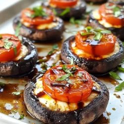 - 4 large portobello mushrooms, with stems carefully removed - 1 cup cherry tomatoes, halved (preferably a mix of colors for visual appeal) - 1 cup fresh mozzarella balls, halved (bocconcini) - 1 cup fresh basil leaves, roughly chopped - 2 tablespoons balsamic glaze, plus extra for drizzling - 3 tablespoons extra virgin olive oil - Sea salt and freshly cracked black pepper, to taste - 1/4 teaspoon garlic powder - 1/4 teaspoon crushed red pepper flakes (optional, for added heat) Gathering these ingredients is key to making this dish shine. Portobello mushrooms are the star. Their meaty texture holds the filling well. Cherry tomatoes add sweetness and color. Fresh mozzarella brings creaminess, and basil gives a fresh kick. The balsamic glaze ties everything together with its tangy flavor. Extra virgin olive oil adds richness and helps the seasonings stick. Sea salt and black pepper enhance all the flavors. Garlic powder adds depth, while crushed red pepper flakes can spice things up if you like heat. When you have all these ingredients, you are ready to create a delicious meal. Don't hesitate to mix and match colors for a vibrant look. Enjoy the process and get ready for a flavorful dish! {{ingredient_image_2}} First, preheat your oven to 375&deg;F (190&deg;C). This will ensure your portobellos cook evenly. Wait until the oven reaches the right temperature before you bake. Next, take your large portobello mushrooms and remove the stems carefully. Use a small spoon to scoop out any dark gills inside the caps. This makes room for the stuffing and helps the mushrooms cook better. In a medium bowl, combine the halved cherry tomatoes, mozzarella balls, and roughly chopped basil. These ingredients bring freshness to the dish. Drizzle 2 tablespoons of balsamic glaze over the mixture. Gently fold it all together using a spatula. This will coat everything in flavor. Now, take your prepared portobello caps and place them gill side up on a baking sheet lined with parchment paper. Generously fill each mushroom cap with the tomato and mozzarella mixture. Let it mound slightly above the edges for a nice look. If you want a little heat, sprinkle crushed red pepper flakes on top. Put the baking sheet in the preheated oven. Bake the portobellos for about 20 to 25 minutes. You want them tender and the cheese to melt with a golden top. Keep an eye on them to ensure they don&rsquo;t overcook. After baking, take the portobellos out of the oven. Let them cool for a few minutes. Drizzle a bit more balsamic glaze on top for added sweetness. Serve them on a rustic wooden platter or a white dish. Garnish with whole basil leaves for a fresh touch. This will impress your guests! To get the best flavor from your portobello mushrooms, start with fresh ones. Look for mushrooms that feel firm and are free of dark spots. Before cooking, clean them gently with a damp cloth. This step keeps them tasty and ready for stuffing. Use a brush to coat the gill side with olive oil. This adds flavor and helps them cook evenly. For the cheese to melt perfectly, use fresh mozzarella balls. These cheese balls melt well and create a creamy texture. Cut them in half for easy mixing. When you fill the mushrooms, make sure the cheese is packed in well. This ensures each bite is cheesy and delicious. Bake the mushrooms until the cheese is golden on top. This gives a nice, appealing crust. Baking times can vary based on your oven. Most ovens will need about 20-25 minutes at 375&deg;F (190&deg;C). Check your mushrooms after 20 minutes. They should be tender and the cheese should be melted. If you have a convection oven, you might need less time. Always keep an eye on them to avoid overcooking. To serve your Caprese stuffed portobellos, use a nice platter. A rustic wooden board or a white dish works great. Before serving, drizzle some balsamic glaze on top. This adds a sweet touch and makes the dish look fancy. Garnish with fresh basil leaves for color. This makes your dish pop and look even more appetizing. Pro Tips Use Fresh Ingredients: Opt for the freshest tomatoes and basil for the best flavor. Seasonal produce will elevate your dish. Experiment with Cheeses: Try different cheeses such as feta or goat cheese for a unique twist on the classic Caprese flavor. Adjust Spice Level: If you enjoy heat, don't hesitate to add more crushed red pepper flakes or even some sliced jalape&ntilde;os. Let Them Rest: Allow the stuffed mushrooms to rest for a few minutes after baking; this helps the flavors meld together beautifully. {{image_4}} You can easily make this dish vegetarian or vegan. For a vegetarian option, replace mozzarella with a richer cheese like feta. If you want a vegan twist, use dairy-free cheese. Nutritional yeast can add a cheesy flavor without the dairy. You can also swap in cooked quinoa or lentils for added texture and protein. If you want to add some protein, chicken works well. Simply grill or saut&eacute; it, then dice it before mixing it with the stuffing. Tofu is a great vegan choice. Press it to remove excess water, then cube and saut&eacute; it. This adds a nice texture and keeps the dish filling. You can change the flavor by adding herbs. Try oregano or thyme for a different twist. If you like spice, add more crushed red pepper flakes. You can also use jalape&ntilde;os for a kick. Experiment with different flavor profiles to find what you love best! To store leftover Caprese stuffed portobellos, let them cool first. Place them in an airtight container. Store in the fridge for up to three days. Make sure to keep the mushrooms whole for the best taste. When you&rsquo;re ready to eat, preheat your oven to 350&deg;F (175&deg;C). Place the portobellos on a baking sheet. Cover them with foil to keep them moist. Heat for about 10-15 minutes. Check if they are hot throughout before eating. You can freeze these stuffed mushrooms for later use. Place cooled portobellos in a single layer in a freezer-safe container. They will last up to three months in the freezer. To enjoy, thaw overnight in the fridge. Then, reheat in the oven as described above. Yes, you can use regular mushrooms. Button or cremini mushrooms work well. They will be smaller, so adjust the filling amount. Portobellos have a meatier texture and larger size. This makes them perfect for stuffing. Regular mushrooms will still taste great but may need a shorter cooking time. To make this recipe gluten-free, check the balsamic glaze and olive oil. Most are naturally gluten-free. Ensure no cross-contamination occurs with gluten products. All other ingredients are gluten-free. Enjoy this dish without worry! You can serve these stuffed portobellos with a fresh salad. A simple arugula or spinach salad pairs nicely. Garlic bread or a light pasta dish also complements the flavors. Keep it light to let the stuffed portobellos shine. Yes, you can prepare the mushrooms ahead of time. Stuff them and place them in the fridge. Bake them when you're ready to serve. They can be made a day in advance. Just note that the mushrooms may release some moisture while sitting. This article covered a delicious recipe for Caprese Stuffed Portobellos. We explored the key ingredients, step-by-step baking, and tips for perfect results. You learned about variations for different diets and the best ways to store leftovers. Remember, cooking can be fun and easy. Experiment with flavors that you love. Whether you choose to make these for a meal or a gathering, they are sure to impress. Enjoy creating your tasty dish!