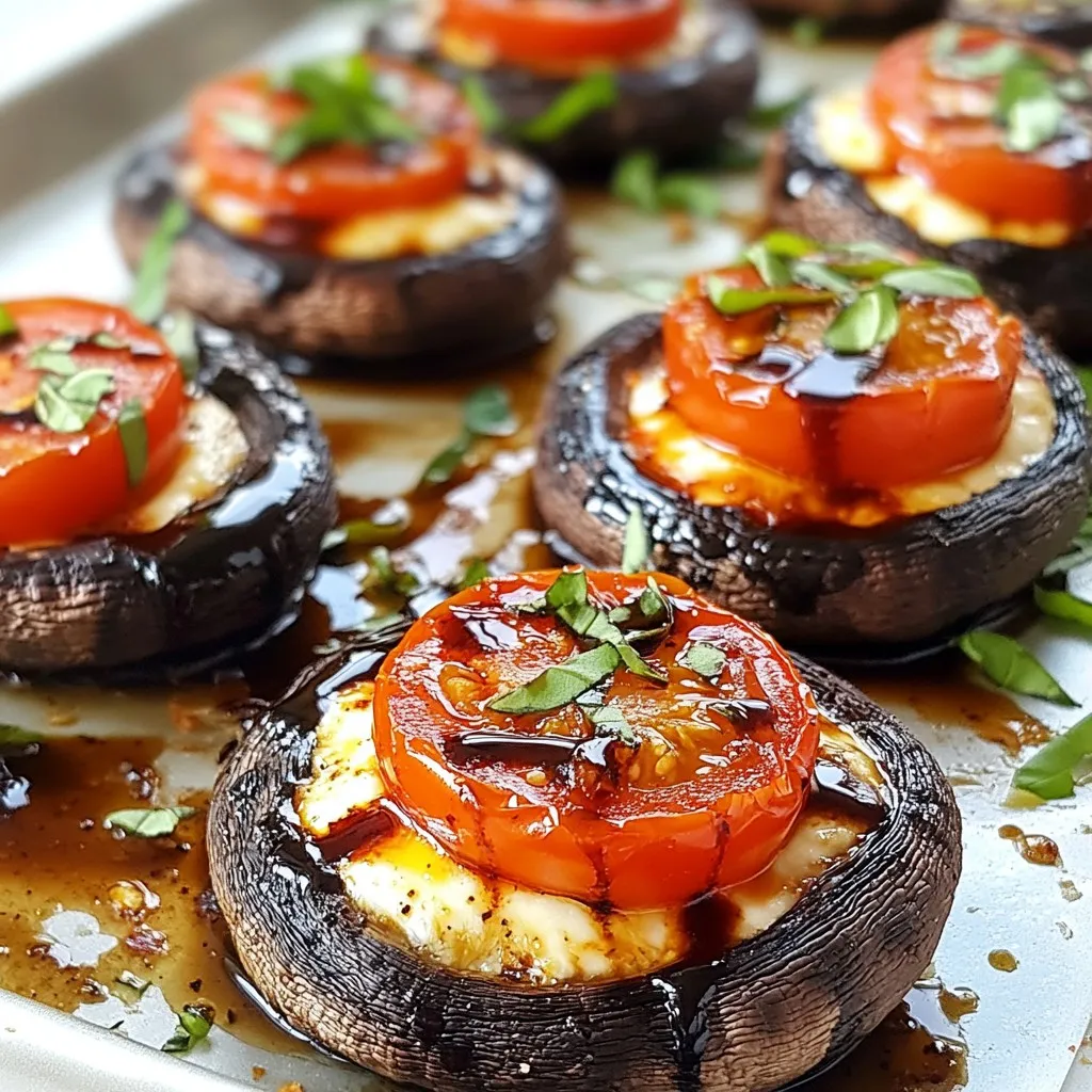 - 4 large portobello mushrooms, with stems carefully removed - 1 cup cherry tomatoes, halved (preferably a mix of colors for visual appeal) - 1 cup fresh mozzarella balls, halved (bocconcini) - 1 cup fresh basil leaves, roughly chopped - 2 tablespoons balsamic glaze, plus extra for drizzling - 3 tablespoons extra virgin olive oil - Sea salt and freshly cracked black pepper, to taste - 1/4 teaspoon garlic powder - 1/4 teaspoon crushed red pepper flakes (optional, for added heat) Gathering these ingredients is key to making this dish shine. Portobello mushrooms are the star. Their meaty texture holds the filling well. Cherry tomatoes add sweetness and color. Fresh mozzarella brings creaminess, and basil gives a fresh kick. The balsamic glaze ties everything together with its tangy flavor. Extra virgin olive oil adds richness and helps the seasonings stick. Sea salt and black pepper enhance all the flavors. Garlic powder adds depth, while crushed red pepper flakes can spice things up if you like heat. When you have all these ingredients, you are ready to create a delicious meal. Don't hesitate to mix and match colors for a vibrant look. Enjoy the process and get ready for a flavorful dish! {{ingredient_image_2}} First, preheat your oven to 375°F (190°C). This will ensure your portobellos cook evenly. Wait until the oven reaches the right temperature before you bake. Next, take your large portobello mushrooms and remove the stems carefully. Use a small spoon to scoop out any dark gills inside the caps. This makes room for the stuffing and helps the mushrooms cook better. In a medium bowl, combine the halved cherry tomatoes, mozzarella balls, and roughly chopped basil. These ingredients bring freshness to the dish. Drizzle 2 tablespoons of balsamic glaze over the mixture. Gently fold it all together using a spatula. This will coat everything in flavor. Now, take your prepared portobello caps and place them gill side up on a baking sheet lined with parchment paper. Generously fill each mushroom cap with the tomato and mozzarella mixture. Let it mound slightly above the edges for a nice look. If you want a little heat, sprinkle crushed red pepper flakes on top. Put the baking sheet in the preheated oven. Bake the portobellos for about 20 to 25 minutes. You want them tender and the cheese to melt with a golden top. Keep an eye on them to ensure they don’t overcook. After baking, take the portobellos out of the oven. Let them cool for a few minutes. Drizzle a bit more balsamic glaze on top for added sweetness. Serve them on a rustic wooden platter or a white dish. Garnish with whole basil leaves for a fresh touch. This will impress your guests! To get the best flavor from your portobello mushrooms, start with fresh ones. Look for mushrooms that feel firm and are free of dark spots. Before cooking, clean them gently with a damp cloth. This step keeps them tasty and ready for stuffing. Use a brush to coat the gill side with olive oil. This adds flavor and helps them cook evenly. For the cheese to melt perfectly, use fresh mozzarella balls. These cheese balls melt well and create a creamy texture. Cut them in half for easy mixing. When you fill the mushrooms, make sure the cheese is packed in well. This ensures each bite is cheesy and delicious. Bake the mushrooms until the cheese is golden on top. This gives a nice, appealing crust. Baking times can vary based on your oven. Most ovens will need about 20-25 minutes at 375°F (190°C). Check your mushrooms after 20 minutes. They should be tender and the cheese should be melted. If you have a convection oven, you might need less time. Always keep an eye on them to avoid overcooking. To serve your Caprese stuffed portobellos, use a nice platter. A rustic wooden board or a white dish works great. Before serving, drizzle some balsamic glaze on top. This adds a sweet touch and makes the dish look fancy. Garnish with fresh basil leaves for color. This makes your dish pop and look even more appetizing. Pro Tips Use Fresh Ingredients: Opt for the freshest tomatoes and basil for the best flavor. Seasonal produce will elevate your dish. Experiment with Cheeses: Try different cheeses such as feta or goat cheese for a unique twist on the classic Caprese flavor. Adjust Spice Level: If you enjoy heat, don't hesitate to add more crushed red pepper flakes or even some sliced jalapeños. Let Them Rest: Allow the stuffed mushrooms to rest for a few minutes after baking; this helps the flavors meld together beautifully. {{image_4}} You can easily make this dish vegetarian or vegan. For a vegetarian option, replace mozzarella with a richer cheese like feta. If you want a vegan twist, use dairy-free cheese. Nutritional yeast can add a cheesy flavor without the dairy. You can also swap in cooked quinoa or lentils for added texture and protein. If you want to add some protein, chicken works well. Simply grill or sauté it, then dice it before mixing it with the stuffing. Tofu is a great vegan choice. Press it to remove excess water, then cube and sauté it. This adds a nice texture and keeps the dish filling. You can change the flavor by adding herbs. Try oregano or thyme for a different twist. If you like spice, add more crushed red pepper flakes. You can also use jalapeños for a kick. Experiment with different flavor profiles to find what you love best! To store leftover Caprese stuffed portobellos, let them cool first. Place them in an airtight container. Store in the fridge for up to three days. Make sure to keep the mushrooms whole for the best taste. When you’re ready to eat, preheat your oven to 350°F (175°C). Place the portobellos on a baking sheet. Cover them with foil to keep them moist. Heat for about 10-15 minutes. Check if they are hot throughout before eating. You can freeze these stuffed mushrooms for later use. Place cooled portobellos in a single layer in a freezer-safe container. They will last up to three months in the freezer. To enjoy, thaw overnight in the fridge. Then, reheat in the oven as described above. Yes, you can use regular mushrooms. Button or cremini mushrooms work well. They will be smaller, so adjust the filling amount. Portobellos have a meatier texture and larger size. This makes them perfect for stuffing. Regular mushrooms will still taste great but may need a shorter cooking time. To make this recipe gluten-free, check the balsamic glaze and olive oil. Most are naturally gluten-free. Ensure no cross-contamination occurs with gluten products. All other ingredients are gluten-free. Enjoy this dish without worry! You can serve these stuffed portobellos with a fresh salad. A simple arugula or spinach salad pairs nicely. Garlic bread or a light pasta dish also complements the flavors. Keep it light to let the stuffed portobellos shine. Yes, you can prepare the mushrooms ahead of time. Stuff them and place them in the fridge. Bake them when you're ready to serve. They can be made a day in advance. Just note that the mushrooms may release some moisture while sitting. This article covered a delicious recipe for Caprese Stuffed Portobellos. We explored the key ingredients, step-by-step baking, and tips for perfect results. You learned about variations for different diets and the best ways to store leftovers. Remember, cooking can be fun and easy. Experiment with flavors that you love. Whether you choose to make these for a meal or a gathering, they are sure to impress. Enjoy creating your tasty dish!