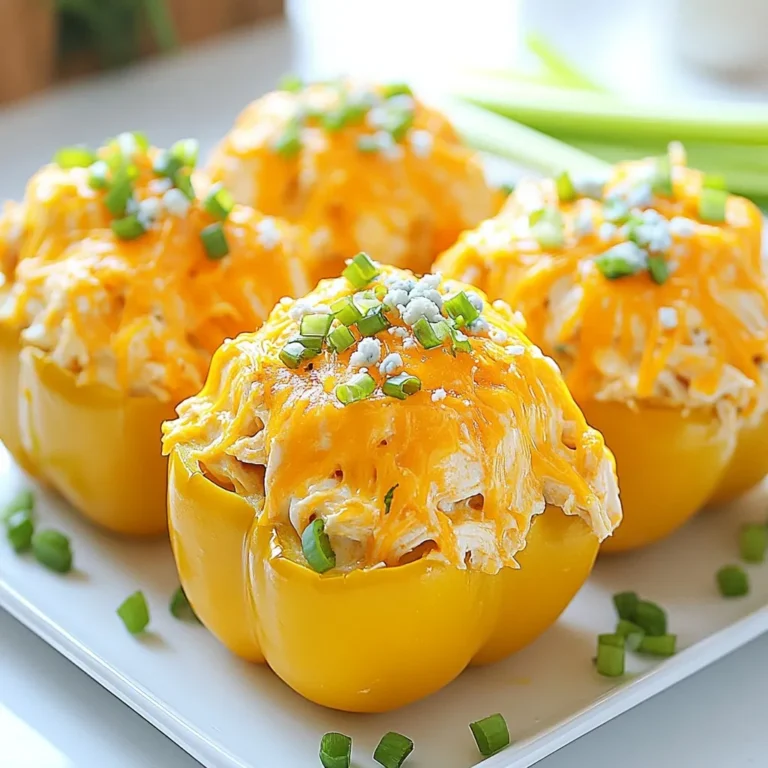 - 4 large bell peppers (red, yellow, or green) - 2 cups cooked, shredded chicken - 1/2 cup buffalo sauce - 1 cup cream cheese - 1 cup shredded sharp cheddar cheese - 1/2 cup green onions - 1/4 cup celery - Blue cheese crumbles for topping - Additional buffalo sauce for serving - You can use rotisserie chicken, canned chicken, or turkey instead of shredded chicken. - For a dairy-free option, try using cashew cream or a dairy-free cream cheese. - If you prefer less heat, use a mild buffalo sauce or mix in some ranch dressing. When you think about the ingredients, it’s all about balance. The bell peppers add a sweet crunch. The chicken brings protein, and the buffalo sauce gives that spicy kick. Cream cheese makes it creamy and rich. Cheddar cheese adds a sharp flavor that ties it together. Feel free to get creative! You can mix in other veggies or spices to make it your own. The options are endless. Just remember to keep the flavors in check to ensure a tasty dish. {{ingredient_image_2}} 1. Preheat the oven to 375°F (190°C). This ensures even cooking for our peppers. 2. Prepare the bell peppers. Slice off the tops and remove seeds and membranes. Stand them upright in a large baking dish to keep them stable. 3. In a large mixing bowl, combine shredded chicken and buffalo sauce. Stir until well mixed. 4. Next, mix in the cream cheese, half of the shredded cheddar cheese, green onions, diced celery, garlic powder, and a pinch of salt and pepper. Make sure everything blends well. 5. Fill each pepper with the buffalo chicken mixture. Pack it tightly and let it mound a bit on top for a nice look. 6. Top the filled peppers with the remaining cheddar cheese. Make sure each one is well-covered. 7. Loosely cover the dish with aluminum foil to keep moisture in. Bake for 30 minutes. This helps all the flavors mix together. 8. After 30 minutes, take off the foil. Continue baking for another 10-15 minutes. The cheese should be bubbly and golden brown when done. Let the stuffed peppers cool for about 5 minutes before serving. If you want, sprinkle blue cheese crumbles on top for extra flavor. Enjoy this spicy and satisfying meal! To keep your peppers upright, trim a small slice off the bottom. This helps them stand steady in the baking dish. When you prepare the filling, use a large bowl. Mix the chicken and buffalo sauce well before adding other ingredients. This ensures every bite is packed with flavor. For a beautiful presentation, serve the stuffed peppers on a vibrant platter. Add a drizzle of buffalo sauce on top for color. Garnish with chopped green onions for a fresh touch. Pair these peppers with a simple side salad or some crispy veggies. They balance the heat and add crunch. If you want milder peppers, use less buffalo sauce. Start with a quarter cup and taste before adding more. For those who love heat, go wild with the sauce. You can also add toppings like blue cheese crumbles. They add a creamy contrast to the spicy filling. Pro Tips Choosing the Right Peppers: Opt for firm, fresh bell peppers for the best texture and flavor. Look for ones with smooth skin and vibrant color. Adjusting Heat Levels: If you prefer a milder dish, use less buffalo sauce or opt for a milder variety. You can also mix in some ranch dressing to balance the heat. Make Ahead: Prepare the stuffed peppers in advance and store them in the refrigerator. Just bake them the next day when you're ready to eat! Adding Extra Flavor: Enhance the stuffing by adding additional spices like paprika or cayenne pepper, or even some chopped jalapeños for extra kick. {{image_4}} You can make a tasty vegetarian version of these stuffed peppers. Start by using jackfruit as a substitute for chicken. Jackfruit has a meaty texture and soaks up flavors well. For added crunch and nutrition, mix in more vegetables. Try diced zucchini, corn, or even black beans. These options keep the dish satisfying and full of flavor. If you want to switch up the protein, turkey or beef works great too. Ground turkey is lean and cooks easily, while beef adds a rich taste. For a vegan option, consider plant-based proteins. Crumbled tempeh or lentils can replace chicken nicely. Just mix them with buffalo sauce and cream cheese alternatives for a creamy filling. You can also experiment with different flavors in your stuffed peppers. Add unique seasonings like cumin or smoked paprika for depth. Mixing in ranch dressing can create a creamy and tangy twist. Don't be afraid to get creative with spices. A dash of cayenne pepper or hot sauce can bring more heat if you like it spicy. Each variation can make the dish feel fresh and exciting every time you prepare it. To keep your buffalo chicken stuffed peppers fresh, place them in an airtight container. You want to make sure they are tightly sealed. Store them in the fridge for up to 3 to 4 days. This way, you can enjoy them later without losing flavor. If you want to save stuffed peppers for later, freezing works well. Wrap each pepper tightly in plastic wrap or foil. Then, place them in a freezer-safe bag. They can last for up to 3 months in the freezer. When you are ready to eat them, thaw them in the fridge overnight. To reheat your stuffed peppers, you have a couple of options. The oven gives the best texture. Preheat the oven to 350°F (175°C) and bake them for about 20 minutes. Cover them with foil to keep them moist. If you need a faster option, you can use the microwave. Place the pepper on a microwave-safe plate. Heat for about 2-3 minutes, checking halfway. This method is quick but may make the pepper a bit softer. Choose the method that suits your time and texture preference! You can prep the stuffed peppers ahead of time. Start by making the filling. Mix the shredded chicken, buffalo sauce, cream cheese, and veggies as usual. Then, stuff the peppers. Place them in a baking dish and cover with plastic wrap. Store them in the fridge for up to 24 hours. When ready to cook, bake them for about 40-45 minutes at 375°F, removing the plastic wrap first. This way, you save time on busy days. Yes, you can use various peppers. Bell peppers work great, but others can add unique flavors. Try poblano peppers for a smoky taste. Jalapeño peppers can give a spicy kick. Mini sweet peppers are fun for bite-sized servings. Experiment with what you like best! These stuffed peppers pair well with several sides. Here are some ideas: - A light salad with mixed greens - Crispy potato wedges or fries - Creamy coleslaw for a crunchy contrast - A side of ranch or blue cheese dressing for dipping If you use mini peppers, cooking time needs a little change. Bake them for about 25-30 minutes at 375°F. Check for the cheese to melt and become bubbly. Smaller peppers cook faster, so keep an eye on them to avoid overcooking! Buffalo Chicken Stuffed Peppers are a fun and tasty dish. This blog showed you every step, from ingredient lists to cooking tips. You learned how to customize flavors and swap ingredients. You also got advice for storage and reheating. Now, it’s your turn to try this recipe! Enjoy the bold flavors and share them with friends. You can make it your own by adding your favorite toppings or sides. Happy cooking!