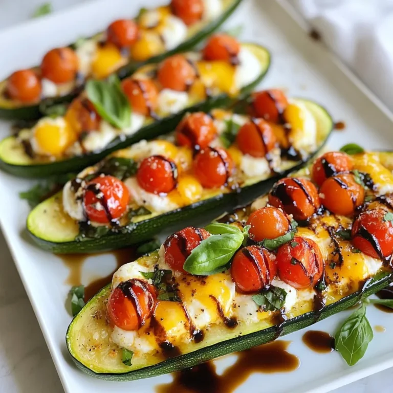 To make Margherita Zucchini Boats, you need simple and fresh ingredients. Here’s what you will need: - 4 medium zucchinis - 1 cup cherry tomatoes, halved - 1 cup fresh mozzarella balls, halved - 1/4 cup fresh basil, finely chopped - 2 tablespoons extra virgin olive oil - 1 teaspoon garlic powder - Salt and pepper, to taste - Balsamic glaze (for drizzling) These ingredients come together to create a dish that is both tasty and colorful. The zucchinis act as little boats, holding the fresh filling. The cherry tomatoes add sweetness, while the mozzarella brings creaminess. Fresh basil gives a burst of flavor, and the balsamic glaze adds a nice touch at the end. Each bite is a taste of summer. {{ingredient_image_2}} First, set your oven to 375°F (190°C). This step warms the oven for even baking. Next, take the zucchinis and cut them in half lengthwise. Use a spoon to scoop out the inside, making a boat shape. Keep the inner flesh for later use. Be careful not to break the skin. In a bowl, mix the halved cherry tomatoes, mozzarella balls, chopped basil, and the reserved zucchini flesh. Add olive oil, garlic powder, salt, and pepper. Toss gently until everything is coated well. Now, fill each zucchini boat with the tomato and cheese mixture. Press down a little to pack it in. Place the filled boats on a baking sheet lined with parchment paper. This step helps with cleanup. Bake the zucchini boats for 20-25 minutes. Look for the zucchinis to be tender and the cheese to bubble and turn golden. After baking, let the boats cool for a few minutes. Drizzle balsamic glaze on top before serving. This adds a nice sweet and tangy flavor to each bite. For perfect baking, keep your oven at 375°F (190°C). This temp helps the zucchini cook evenly. Place the boats on parchment paper. This prevents sticking and makes cleanup easy. Bake them for 20 to 25 minutes. Check for a tender zucchini and melted cheese. If they look bubbly and golden, they are ready! When picking zucchinis, look for firm ones with smooth skin. They should feel heavy for their size. For tomatoes, choose bright, plump cherry tomatoes. They add sweetness to the dish. Mozzarella should be fresh and soft. Look for small balls packed in water. Fresh basil should smell strong and look green and vibrant. Serve the zucchini boats warm on a colorful platter. Drizzle with balsamic glaze for a sweet touch. You can also sprinkle more fresh basil on top. These boats work great as a light main course or a fun appetizer! Enjoy them with a side salad for a full meal. Pro Tips Choose Firm Zucchini: Select medium-sized zucchinis that are firm and free from blemishes for the best texture and flavor. Customize Your Filling: Feel free to add other vegetables or proteins, like bell peppers or cooked sausage, to the filling for added flavor and nutrition. Use Fresh Basil: Use fresh basil for the best aroma and flavor; dried herbs won’t provide the same freshness. Perfect Balsamic Drizzle: For a thicker balsamic glaze, simmer balsamic vinegar on low heat until it reduces and thickens before drizzling. {{image_4}} You can turn Margherita Zucchini Boats into a veggie feast! Use different vegetables like bell peppers, mushrooms, or spinach. For a twist, add artichoke hearts or olives. You can also mix in cooked quinoa or lentils. This gives a hearty feel while keeping it plant-based. Want to add more protein? Try ground turkey or chicken. Cook them first, then mix with the tomato and cheese filling. For a vegetarian option, add black beans or chickpeas. Both choices boost protein and flavor. You can also use diced cooked bacon for a savory kick. To enhance flavors, consider adding spices like red pepper flakes or smoked paprika. These add heat and depth. You can also mix in sun-dried tomatoes or pesto for extra zest. For a fresh touch, top with arugula or a squeeze of lemon juice before serving. Each option adds a unique twist to this classic dish. To store your Margherita Zucchini Boats, let them cool first. Place them in an airtight container. You can keep them in the fridge for up to three days. This way, they stay fresh and tasty. To reheat, simply place the zucchini boats on a baking sheet. Heat them in an oven set to 350°F (175°C) for about 10 minutes. This warms them evenly and keeps the cheese nice and melty. Avoid the microwave if you want to keep the texture. If you want to freeze the zucchini boats, it’s best to do this before baking. After filling the zucchini, wrap each boat tightly in plastic wrap. Then, place them in a freezer-safe bag. They can stay frozen for up to three months. When ready to enjoy, bake from frozen at 375°F (190°C) for about 30-35 minutes. You can use ricotta or goat cheese. They both add a creamy texture. For a dairy-free option, try vegan cheese. It melts well and tastes great. Yes! You can add bell peppers, onions, or mushrooms. These veggies boost flavor and nutrition. Just chop them small and mix them into the filling. Check for tenderness. The zucchini should be soft but not mushy. The cheese should be melted and bubbly with a golden color. Yes, they are gluten-free. All the ingredients in this recipe do not contain gluten. Enjoy them without worry! Absolutely! You can prepare the filling and stuff the zucchini boats. Store them in the fridge for up to a day before baking. Just remember to bake them fresh for the best taste. In this article, we explored making delicious Margherita Zucchini Boats. We listed fresh ingredients, detailed each step, and shared useful tips. You can create tasty variations to match your taste. Storing leftovers is simple, too. Enjoy this healthy dish with friends or family. It’s easy to make and fun to serve. You now have all the tools to impress. Eat well and enjoy your cooking!