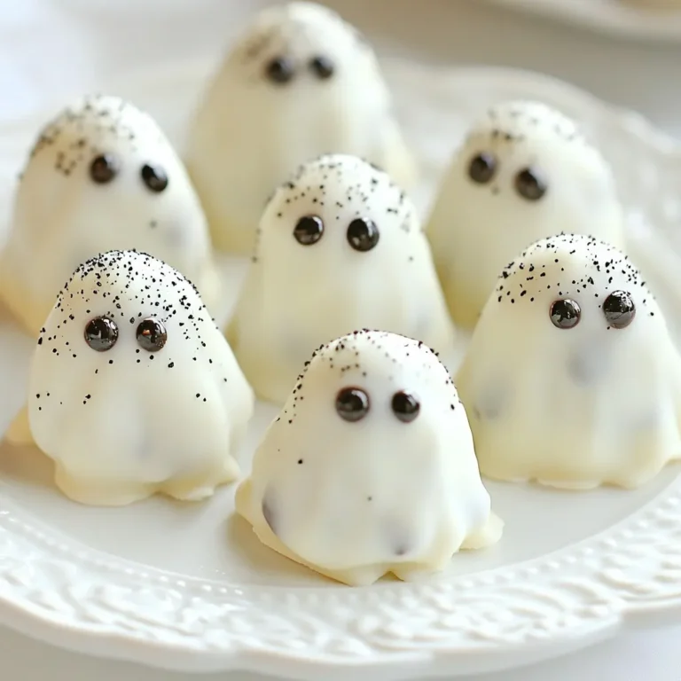 To make No-Bake Oreo Ghost Truffles, gather these simple ingredients: - 1 package (15.25 oz) Oreo cookies - 8 oz cream cheese, softened to room temperature - 1 cup white chocolate chips - 1 tablespoon coconut oil - Mini chocolate chips (for ghostly eyes) You can add some fun touches to your truffles: - Edible black glitter (for a spooky finish) - Cocoa powder (for a dusting effect) To create these treats, you will need: - Food processor (for crushing cookies) - Baking sheet (for chilling truffles) - Parchment paper (to line the baking sheet) - Microwave-safe bowl (for melting chocolate) - Spoon (to dip truffles into chocolate) These ingredients and tools make the process easy and fun. The best part is that you can get creative with decorations! {{ingredient_image_2}} Start by crushing the Oreo cookies. Place them in a food processor. Pulse until you get fine crumbs. This is key for the truffle texture. Next, add the softened cream cheese to the crumbs. Blend until the mixture is smooth and sticky. It should feel like dough when done. Now, take clean hands and grab a small amount of the mixture. Roll it into a ball, about 1 inch wide. Each truffle should be firm and round. Place the balls on a baking sheet lined with parchment paper. This helps with easy removal later. Once all the balls are formed, chill them in the freezer. Let them sit for about 30 minutes to firm up. While the truffles chill, melt the white chocolate chips. Use a microwave-safe bowl for this. Add 1 tablespoon of coconut oil to the bowl. Heat in 30-second bursts, stirring well each time. You want a smooth mixture without lumps. After the truffles have chilled, dip each one into the melted chocolate. Ensure they are fully coated, then shake off extra chocolate. Place two mini chocolate chips on top to make ghost eyes. For a spooky touch, sprinkle edible black glitter or cocoa powder on top. Let the coating set for about 15 minutes. You can leave them at room temperature or in the fridge. To make the Oreo mixture just right, start with fresh cookies. Old cookies may not crush well. Use a food processor to get fine crumbs. This helps the mixture hold together. Add the softened cream cheese to the crumbs. Blend until it forms a thick dough. If it's too dry, add a bit more cream cheese. Try to roll the balls evenly for nice shapes. For the chocolate, use white chocolate chips. They melt easily and taste great. Combine the chips with coconut oil in a microwave-safe bowl. Heat in 30-second bursts, stirring in between. This keeps the chocolate smooth and prevents burning. If it's too thick, add a little more coconut oil. Perfectly melted chocolate coats the truffles well. For a fun Halloween look, serve the truffles on a spooky platter. You can use fake spider webs or cute cupcake liners. Place the truffles close together for a nice display. Consider adding some edible black glitter for extra flair. This gives a spooky touch. Enjoy sharing your Oreo ghost truffles at parties or gatherings! Pro Tips Chill for Firmness: Ensure that your truffles are well-chilled before dipping in chocolate. This helps maintain their shape and prevents them from falling apart during coating. Use Quality Chocolate: For the best flavor and texture, opt for high-quality white chocolate chips. They melt smoother and provide a richer taste compared to regular chips. Customize Your Ghosts: Get creative with your ghostly decorations! Use colored chocolate melts or edible markers to add different expressions to the ghost eyes. Storage Tips: Store the truffles in an airtight container in the refrigerator for up to a week. Allow them to come to room temperature before serving for optimal flavor and texture. {{image_4}} You can switch up the coating to make your truffles unique. Instead of white chocolate, try dark chocolate. It adds a rich flavor. You can also use milk chocolate for a sweeter taste. For a fruity twist, consider using colored candy melts. They come in many fun colors and flavors. Just melt them like you did with the white chocolate. Want to change the flavor? You can add a few drops of vanilla or almond extract to the Oreo mixture. This gives a nice depth to the flavors. You can also mix in some peanut butter or Nutella for a nutty taste. Just keep the balance right so it doesn’t overpower the Oreo flavor. If you need to make these truffles fit your diet, there are easy swaps. Use gluten-free Oreo cookies to make them gluten-free. For a vegan option, swap cream cheese for a non-dairy cream cheese. You can also use dark chocolate that is dairy-free. These changes let everyone enjoy the treat without worry. To keep your Oreo ghost truffles fresh, place them in an airtight container. Line the container with parchment paper to avoid sticking. This helps maintain their shape and taste. Store them in the fridge for best results. You can freeze these truffles if you want to save some for later. First, place the truffles on a baking sheet. Freeze them for about an hour until they are firm. Then, transfer them into a freezer-safe container. Make sure to separate layers with parchment paper to prevent sticking. When stored properly, these truffles last about one week in the fridge. If frozen, they can last up to three months. Just remember to let them thaw in the fridge before serving. This keeps them creamy and delicious! Yes, you can use other cookies. Try chocolate sandwich cookies or peanut butter cookies. The flavor will change, but they can still be tasty. Just make sure they are similar in texture. Crushed cookies create a good base for these truffles. These truffles can last up to a week in the fridge. Keep them in an airtight container to keep them fresh. If you freeze them, they can last for about three months. Just thaw them in the fridge before serving. Absolutely! Use gluten-free sandwich cookies instead of regular Oreos. Many brands now offer tasty gluten-free options. This way, everyone can enjoy these fun Halloween treats without worry. You learned how to make delicious Oreo truffles today. We covered the main ingredients, tools, and simple steps. Tips helped you perfect the truffles, while variations offered new ideas for flavors. Now you know how to store them safely for later. Remember, you can always swap cookies or tweak the recipe to fit your needs. Enjoy making these treats and impressing friends with your tasty creations!