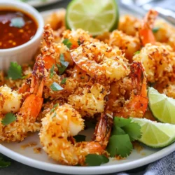 - 1 pound large shrimp, peeled and deveined - 1 cup unsweetened shredded coconut - 1 cup panko breadcrumbs - 1/2 cup all-purpose flour - 1 teaspoon garlic powder - 1 teaspoon paprika - Salt and freshly ground black pepper, to taste - 2 large eggs - Cooking spray for air frying When preparing air fryer coconut shrimp, you need a mix of fresh ingredients. The main star is shrimp. I always choose large shrimp for a nice bite. Peel and devein them for the best taste. Next, we use unsweetened shredded coconut. This gives a delightful crunch and sweet flavor. Panko breadcrumbs add an extra layer of crispiness. They are light and airy, perfect for air frying. For the dry mix, we have all-purpose flour, garlic powder, and paprika. The flour helps the coating stick. Garlic powder adds a savory kick, while paprika gives a warm color. Don't forget salt and black pepper. They enhance all the flavors. We also need eggs. They act as a binder for the coating. Cooking spray is key for crispiness in the air fryer. It helps the shrimp become golden brown and delicious. Gather these ingredients before you start. This way, cooking becomes a fun and smooth process. {{ingredient_image_2}} - Prepare the seasoned flour mixture: In a shallow dish, mix 1/2 cup of all-purpose flour, 1 teaspoon of garlic powder, 1 teaspoon of paprika, and some salt and black pepper. This adds flavor to the shrimp. - Beat the eggs in a separate bowl: In another shallow bowl, crack 2 large eggs. Whisk them until they are well mixed and a little frothy. This helps the coating stick to the shrimp. - Create the coconut coating: In a third shallow bowl, combine 1 cup of shredded coconut and 1 cup of panko breadcrumbs. Mix them well to form a uniform coating. This adds a crunchy texture to your shrimp. - Dredging in seasoned flour: Take one shrimp and dip it into the seasoned flour mixture. Make sure to shake off any extra flour. This step adds a base layer of flavor. - Egg dipping process: Next, dip the flour-coated shrimp into the beaten eggs. Let any extra egg drip back into the bowl. This makes the shrimp sticky for the final coating. - Rolling in coconut and panko mixture: Roll the shrimp in the coconut and panko mix. Press gently to ensure the coating sticks well. This gives the shrimp a tasty, crispy crust. - Preheat the air fryer: Set your air fryer to 400&deg;F (200&deg;C) and preheat it for about 5 minutes. This helps cook the shrimp evenly. - Arrange shrimp in the basket: Place the coated shrimp in a single layer in the air fryer basket. Make sure they do not touch. This helps them crisp up nicely. - Cooking time and flipping instructions: Lightly spray the shrimp with cooking spray. Air fry them for 8-10 minutes, flipping halfway through. They should be golden brown and cooked through. To make your shrimp crispy, spacing is key. When you place the shrimp in the air fryer, make sure they do not touch. This allows hot air to flow around each shrimp. If they overlap, they will steam instead of fry. Using cooking spray helps too. A light spray on each shrimp before cooking creates a golden crust. It enhances browning and crunchiness. Be careful not to drench them. Just a light mist will do. If you want to switch things up, try chicken or tofu instead of shrimp. Both options can still give you that crunchy texture. Just make sure to cut chicken into small pieces or use firm tofu. Adjust your cooking time based on what you choose. You can also change the seasoning. If you love spicy, add more paprika or a dash of cayenne. Feel free to use your favorite spices to make it your own. Keep an eye on your shrimp while they cook. They should be golden brown and firm to the touch. If they look pale or soft, they need more time. Cooking at 400&deg;F (200&deg;C) works well for most air fryers. However, some may cook faster than others. Adjust the time as needed for perfect results. Pro Tips Choose the Right Shrimp: Opt for large shrimp that are fresh or properly thawed to ensure a juicy and flavorful bite. Double Coating for Extra Crunch: For an even crunchier texture, consider dipping the shrimp in the egg mixture a second time before the final coconut coating. Avoid Overcrowding: Give each shrimp enough space in the air fryer to ensure they cook evenly and become crispy without steaming. Experiment with Flavors: Feel free to add spices like cayenne pepper or lime zest to the coconut mixture for an extra kick of flavor. {{image_4}} You can easily change the taste of your coconut shrimp. Adding spices makes a big difference. Try cayenne for heat or cumin for a warm flavor. A pinch goes a long way. You can also mix in garlic powder or onion powder for extra zest. When it comes to breadcrumbs, feel free to experiment. Regular breadcrumbs work well, but panko gives a crunchier texture. You could even try crushed cornflakes for a unique twist. Each option brings its own taste and crunch to the dish. Dipping sauces can make your shrimp even better. A sweet chili sauce pairs perfectly with coconut shrimp. You can make your own by mixing chili sauce with a bit of honey. If you want something tangy, mix Greek yogurt with lime juice and cilantro. This creamy dip adds a nice contrast. You might also enjoy a spicy mayo or a simple garlic aioli. Each sauce adds a fun flavor burst. Coconut shrimp isn't just for snacking. You can serve it in fun ways. Try making shrimp tacos with fresh toppings. Add slaw, avocado, and a drizzle of lime. You can also toss the shrimp in a salad. Use mixed greens, mango, and a light vinaigrette. For a pop of color, garnish with fresh herbs like cilantro or parsley. A squeeze of lime adds brightness too. These ideas make it easy to enjoy coconut shrimp in new ways. To keep your leftover coconut shrimp fresh, store them in an airtight container. Place a paper towel at the bottom to absorb moisture. This helps keep the shrimp crispy. Refrigerate them for up to three days. When ready to eat, reheat them in your air fryer for a few minutes. This keeps them crunchy and delicious. You can freeze coconut shrimp for later use. First, let the cooked shrimp cool completely. Then, place them in a single layer on a baking sheet. Freeze for about an hour until solid. After that, transfer the shrimp to a freezer-safe bag. Remove as much air as possible before sealing. This method helps prevent freezer burn. To reheat, cook them directly from frozen in the air fryer at 400&deg;F for about 10-12 minutes. Cooked shrimp can last in the fridge for about three days. If frozen, they can stay good for up to three months. Always check for any off smells or changes in texture before eating. If the shrimp looks or smells strange, it&rsquo;s best to toss them. Keeping shrimp stored properly ensures you enjoy every bite. Yes, you can use frozen shrimp. First, thaw them before cooking. To thaw, place shrimp in cold water for about 15-20 minutes. Change the water halfway for best results. Once thawed, pat them dry with a paper towel. This step helps the coating stick better. You can definitely double this recipe. Just keep in mind the cooking time. Cook in batches if needed. Make sure not to crowd the air fryer. This way, each shrimp gets nice and crispy. Adjust the cooking time to ensure all shrimp cook evenly. The ideal air fryer temperature for shrimp is 400&deg;F (200&deg;C). This temperature gives a perfect crisp. If your shrimp are larger, you may need to cook a little longer. Always check for a golden brown color and that the shrimp are cooked through. In this blog post, we covered the complete guide to making crispy coconut shrimp. We discussed the essential ingredients, preparation steps, and optimal cooking methods. I shared tips for achieving perfect crispiness and creative variations for flavor. Remember, air frying makes this dish easy and fun. You can store leftovers properly to enjoy later. With these insights, you can cook, enjoy, and impress with your delicious coconut shrimp. Trust me, it&rsquo;s worth trying out these recipes and tips in your kitchen!