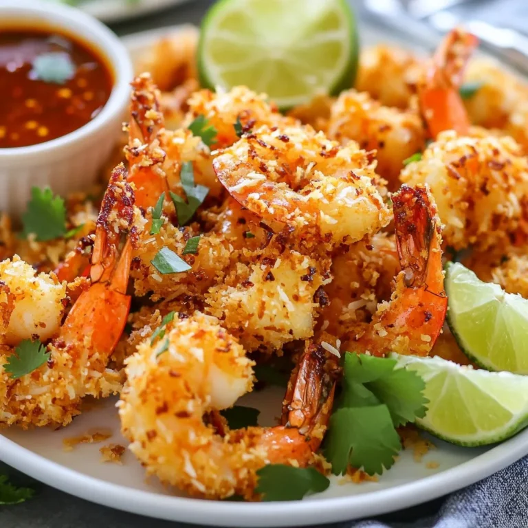 - 1 pound large shrimp, peeled and deveined - 1 cup unsweetened shredded coconut - 1 cup panko breadcrumbs - 1/2 cup all-purpose flour - 1 teaspoon garlic powder - 1 teaspoon paprika - Salt and freshly ground black pepper, to taste - 2 large eggs - Cooking spray for air frying When preparing air fryer coconut shrimp, you need a mix of fresh ingredients. The main star is shrimp. I always choose large shrimp for a nice bite. Peel and devein them for the best taste. Next, we use unsweetened shredded coconut. This gives a delightful crunch and sweet flavor. Panko breadcrumbs add an extra layer of crispiness. They are light and airy, perfect for air frying. For the dry mix, we have all-purpose flour, garlic powder, and paprika. The flour helps the coating stick. Garlic powder adds a savory kick, while paprika gives a warm color. Don't forget salt and black pepper. They enhance all the flavors. We also need eggs. They act as a binder for the coating. Cooking spray is key for crispiness in the air fryer. It helps the shrimp become golden brown and delicious. Gather these ingredients before you start. This way, cooking becomes a fun and smooth process. {{ingredient_image_2}} - Prepare the seasoned flour mixture: In a shallow dish, mix 1/2 cup of all-purpose flour, 1 teaspoon of garlic powder, 1 teaspoon of paprika, and some salt and black pepper. This adds flavor to the shrimp. - Beat the eggs in a separate bowl: In another shallow bowl, crack 2 large eggs. Whisk them until they are well mixed and a little frothy. This helps the coating stick to the shrimp. - Create the coconut coating: In a third shallow bowl, combine 1 cup of shredded coconut and 1 cup of panko breadcrumbs. Mix them well to form a uniform coating. This adds a crunchy texture to your shrimp. - Dredging in seasoned flour: Take one shrimp and dip it into the seasoned flour mixture. Make sure to shake off any extra flour. This step adds a base layer of flavor. - Egg dipping process: Next, dip the flour-coated shrimp into the beaten eggs. Let any extra egg drip back into the bowl. This makes the shrimp sticky for the final coating. - Rolling in coconut and panko mixture: Roll the shrimp in the coconut and panko mix. Press gently to ensure the coating sticks well. This gives the shrimp a tasty, crispy crust. - Preheat the air fryer: Set your air fryer to 400°F (200°C) and preheat it for about 5 minutes. This helps cook the shrimp evenly. - Arrange shrimp in the basket: Place the coated shrimp in a single layer in the air fryer basket. Make sure they do not touch. This helps them crisp up nicely. - Cooking time and flipping instructions: Lightly spray the shrimp with cooking spray. Air fry them for 8-10 minutes, flipping halfway through. They should be golden brown and cooked through. To make your shrimp crispy, spacing is key. When you place the shrimp in the air fryer, make sure they do not touch. This allows hot air to flow around each shrimp. If they overlap, they will steam instead of fry. Using cooking spray helps too. A light spray on each shrimp before cooking creates a golden crust. It enhances browning and crunchiness. Be careful not to drench them. Just a light mist will do. If you want to switch things up, try chicken or tofu instead of shrimp. Both options can still give you that crunchy texture. Just make sure to cut chicken into small pieces or use firm tofu. Adjust your cooking time based on what you choose. You can also change the seasoning. If you love spicy, add more paprika or a dash of cayenne. Feel free to use your favorite spices to make it your own. Keep an eye on your shrimp while they cook. They should be golden brown and firm to the touch. If they look pale or soft, they need more time. Cooking at 400°F (200°C) works well for most air fryers. However, some may cook faster than others. Adjust the time as needed for perfect results. Pro Tips Choose the Right Shrimp: Opt for large shrimp that are fresh or properly thawed to ensure a juicy and flavorful bite. Double Coating for Extra Crunch: For an even crunchier texture, consider dipping the shrimp in the egg mixture a second time before the final coconut coating. Avoid Overcrowding: Give each shrimp enough space in the air fryer to ensure they cook evenly and become crispy without steaming. Experiment with Flavors: Feel free to add spices like cayenne pepper or lime zest to the coconut mixture for an extra kick of flavor. {{image_4}} You can easily change the taste of your coconut shrimp. Adding spices makes a big difference. Try cayenne for heat or cumin for a warm flavor. A pinch goes a long way. You can also mix in garlic powder or onion powder for extra zest. When it comes to breadcrumbs, feel free to experiment. Regular breadcrumbs work well, but panko gives a crunchier texture. You could even try crushed cornflakes for a unique twist. Each option brings its own taste and crunch to the dish. Dipping sauces can make your shrimp even better. A sweet chili sauce pairs perfectly with coconut shrimp. You can make your own by mixing chili sauce with a bit of honey. If you want something tangy, mix Greek yogurt with lime juice and cilantro. This creamy dip adds a nice contrast. You might also enjoy a spicy mayo or a simple garlic aioli. Each sauce adds a fun flavor burst. Coconut shrimp isn't just for snacking. You can serve it in fun ways. Try making shrimp tacos with fresh toppings. Add slaw, avocado, and a drizzle of lime. You can also toss the shrimp in a salad. Use mixed greens, mango, and a light vinaigrette. For a pop of color, garnish with fresh herbs like cilantro or parsley. A squeeze of lime adds brightness too. These ideas make it easy to enjoy coconut shrimp in new ways. To keep your leftover coconut shrimp fresh, store them in an airtight container. Place a paper towel at the bottom to absorb moisture. This helps keep the shrimp crispy. Refrigerate them for up to three days. When ready to eat, reheat them in your air fryer for a few minutes. This keeps them crunchy and delicious. You can freeze coconut shrimp for later use. First, let the cooked shrimp cool completely. Then, place them in a single layer on a baking sheet. Freeze for about an hour until solid. After that, transfer the shrimp to a freezer-safe bag. Remove as much air as possible before sealing. This method helps prevent freezer burn. To reheat, cook them directly from frozen in the air fryer at 400°F for about 10-12 minutes. Cooked shrimp can last in the fridge for about three days. If frozen, they can stay good for up to three months. Always check for any off smells or changes in texture before eating. If the shrimp looks or smells strange, it’s best to toss them. Keeping shrimp stored properly ensures you enjoy every bite. Yes, you can use frozen shrimp. First, thaw them before cooking. To thaw, place shrimp in cold water for about 15-20 minutes. Change the water halfway for best results. Once thawed, pat them dry with a paper towel. This step helps the coating stick better. You can definitely double this recipe. Just keep in mind the cooking time. Cook in batches if needed. Make sure not to crowd the air fryer. This way, each shrimp gets nice and crispy. Adjust the cooking time to ensure all shrimp cook evenly. The ideal air fryer temperature for shrimp is 400°F (200°C). This temperature gives a perfect crisp. If your shrimp are larger, you may need to cook a little longer. Always check for a golden brown color and that the shrimp are cooked through. In this blog post, we covered the complete guide to making crispy coconut shrimp. We discussed the essential ingredients, preparation steps, and optimal cooking methods. I shared tips for achieving perfect crispiness and creative variations for flavor. Remember, air frying makes this dish easy and fun. You can store leftovers properly to enjoy later. With these insights, you can cook, enjoy, and impress with your delicious coconut shrimp. Trust me, it’s worth trying out these recipes and tips in your kitchen!